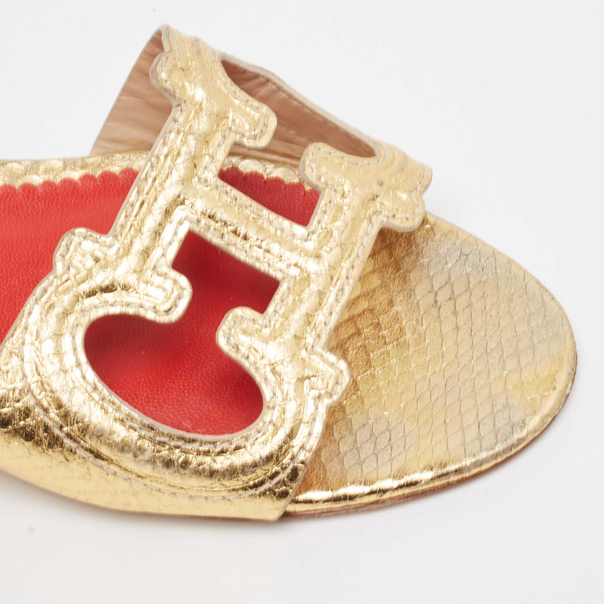 CH Carolina Herrera Gold Python Embossed Slide Sandals Size 40