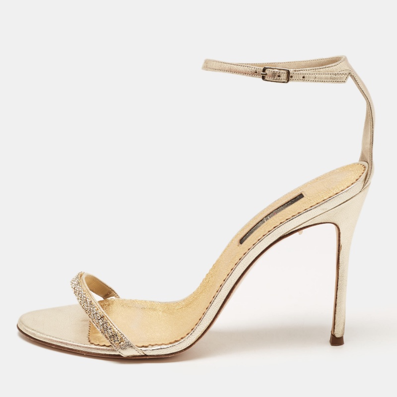 Ch carolina herrera gold leather and crystal embellished ankle strap sandals size 39