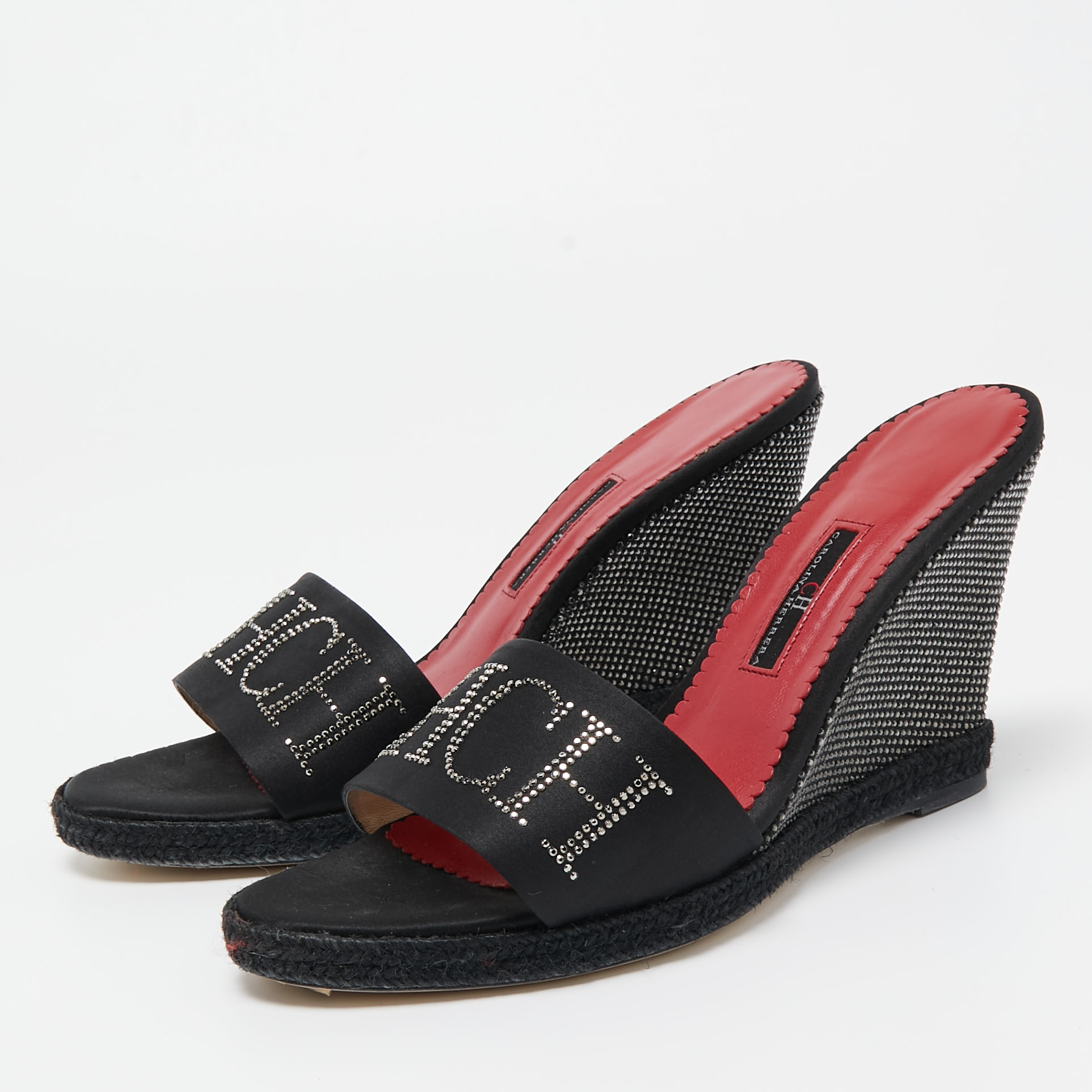 

CH Carolina Herrera Black Satin Studded Wedge Sandals Size