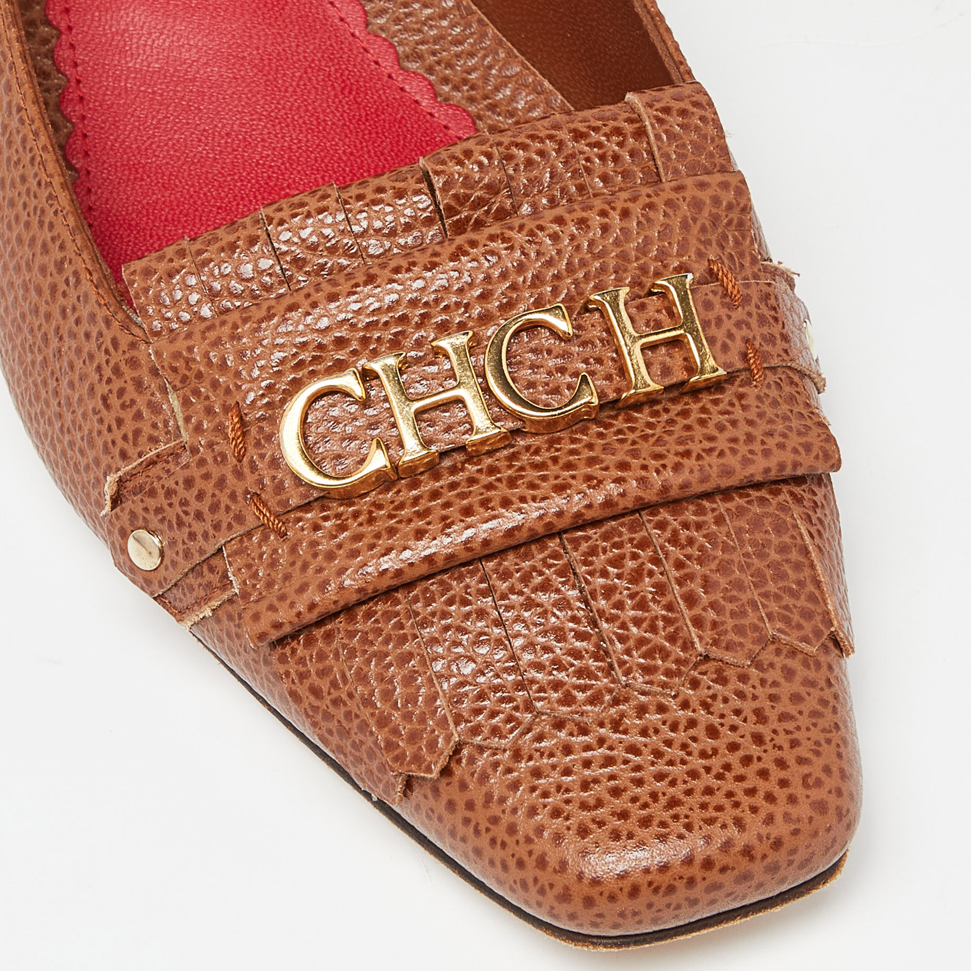 CH Carolina Herrera Brown Logo Embellished Fringe Detail Loafers Size 39