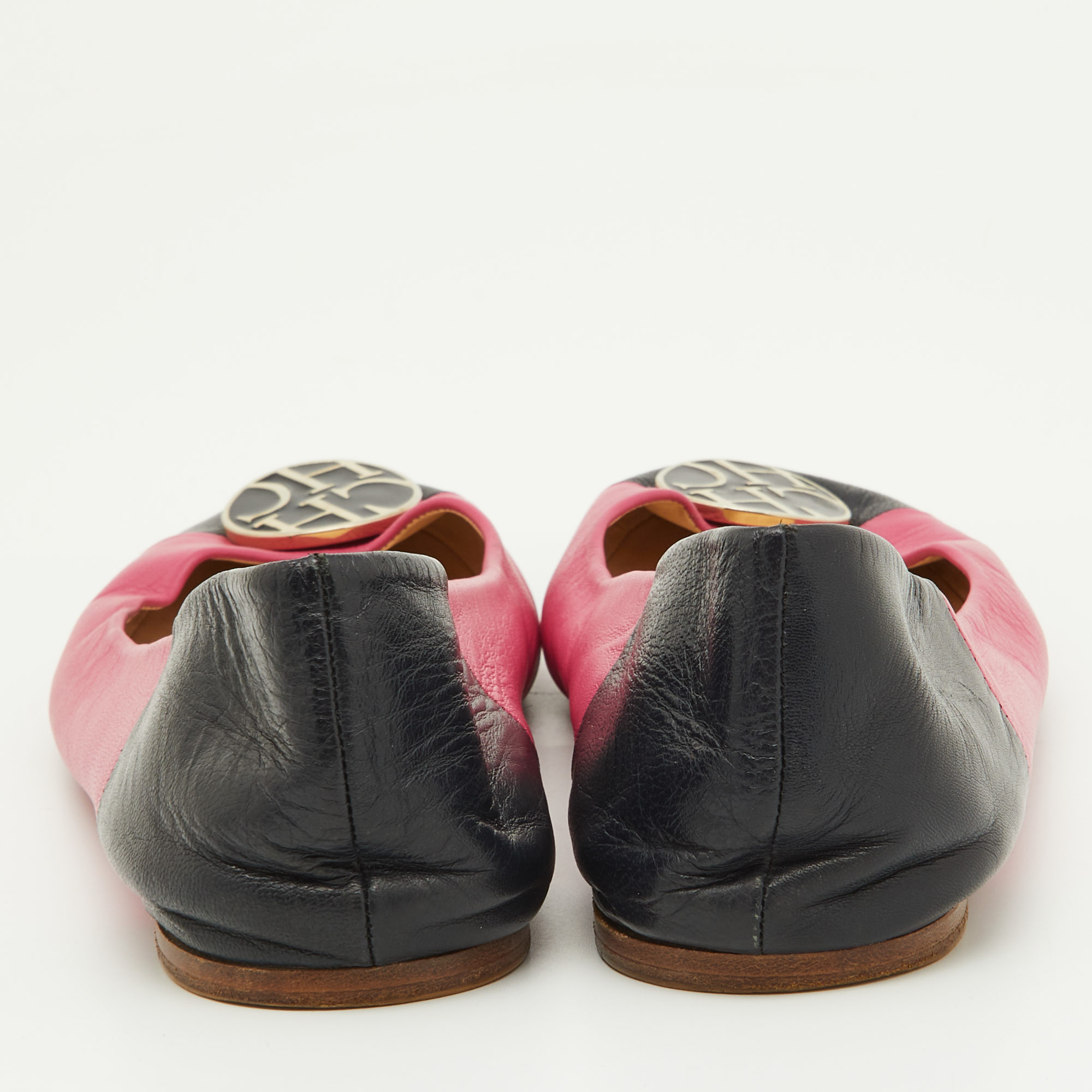 CH Carolina Herrera Pink/Black Leather Logo Ballet Flats Size 39