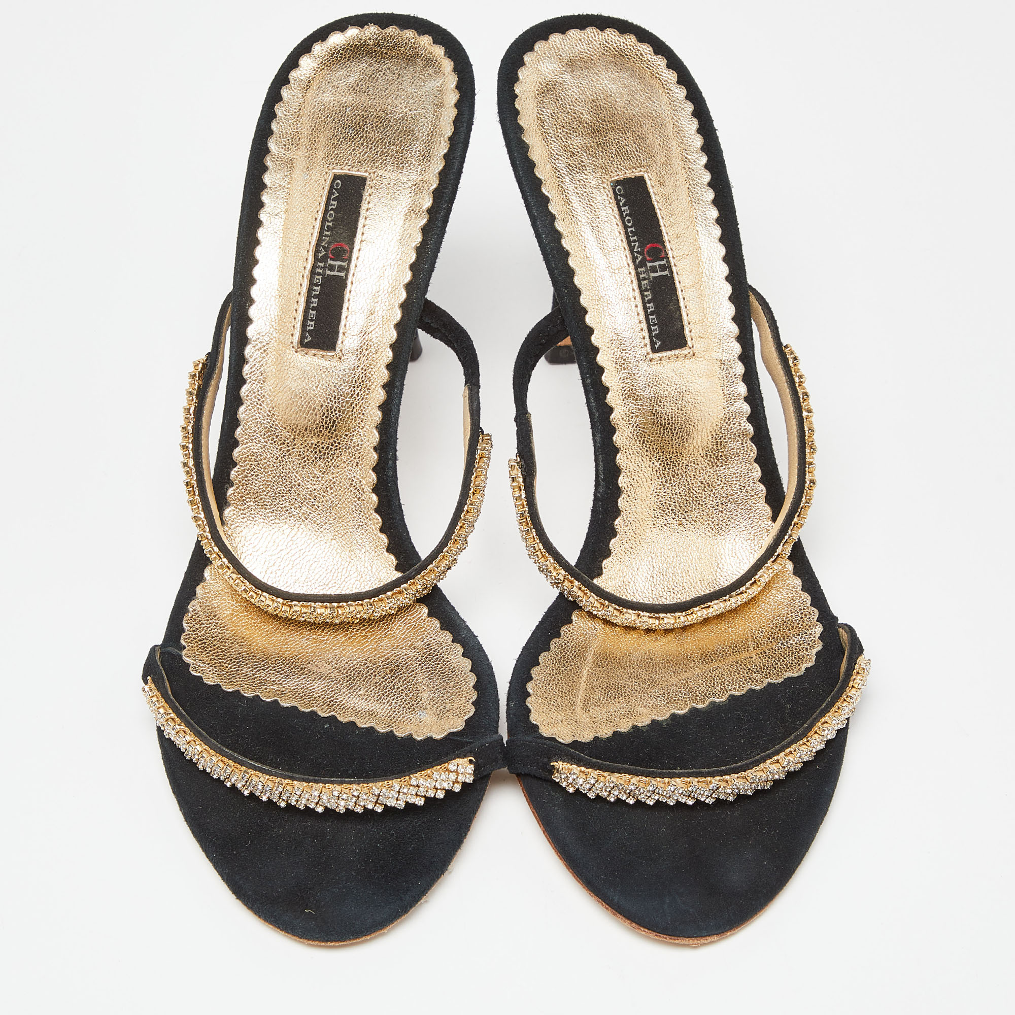 CH Carolina Herrera Black Suede Crystals Embellished Slide Sandals Size 38