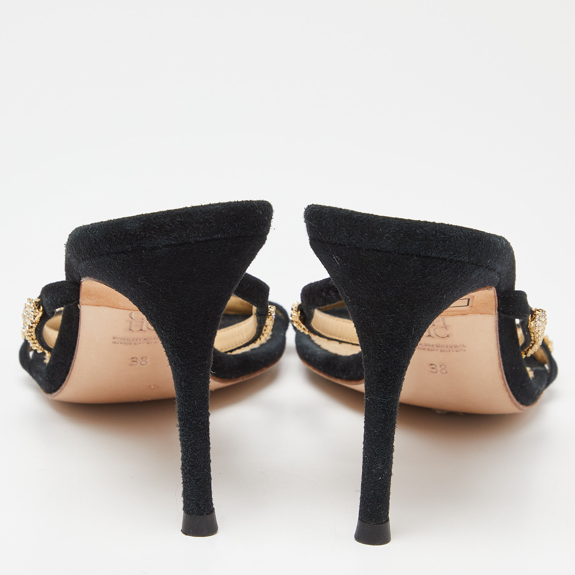 CH Carolina Herrera Black Suede Crystals Embellished Slide Sandals Size 38
