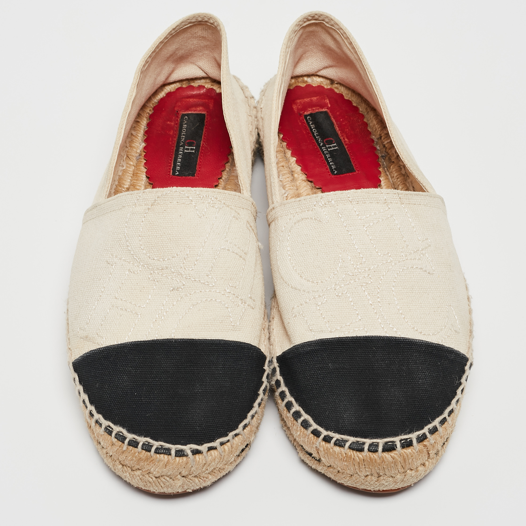 Carolina Herrera Off White/Black Canvas Cap Toe Flat Espadrilles Size 37