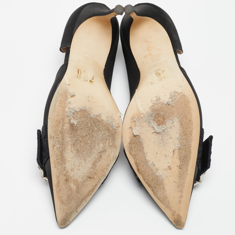 CH Carolina Herrera Black Satin Crystal Embellished Pointed Toe Pumps Size 39