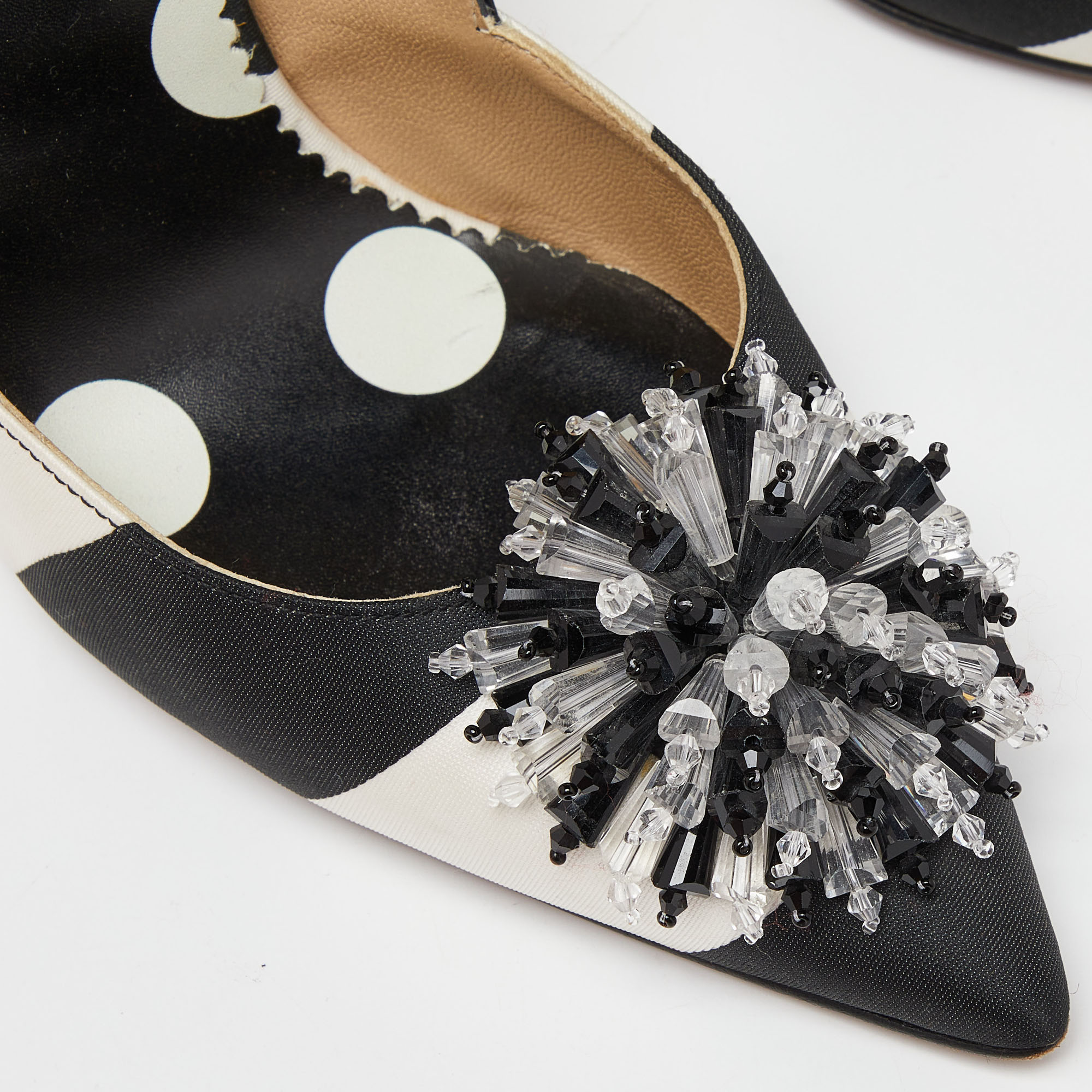 CH Carolina Herrera Black/White Leather Crystal Embellished Pointed Toe Pumps Size 37
