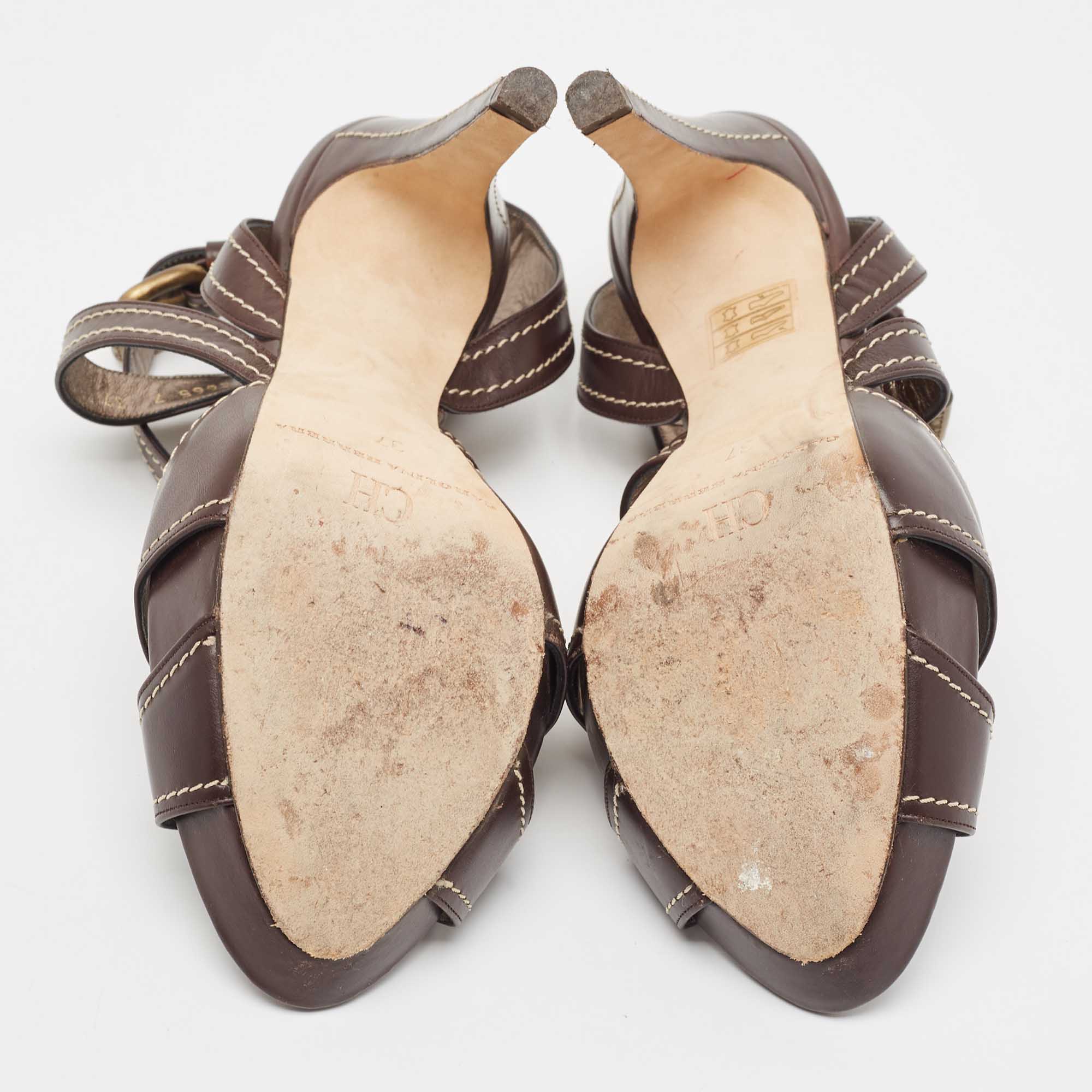 CH Carolina Herrera Brown Leather Strappy Sandals Size 37