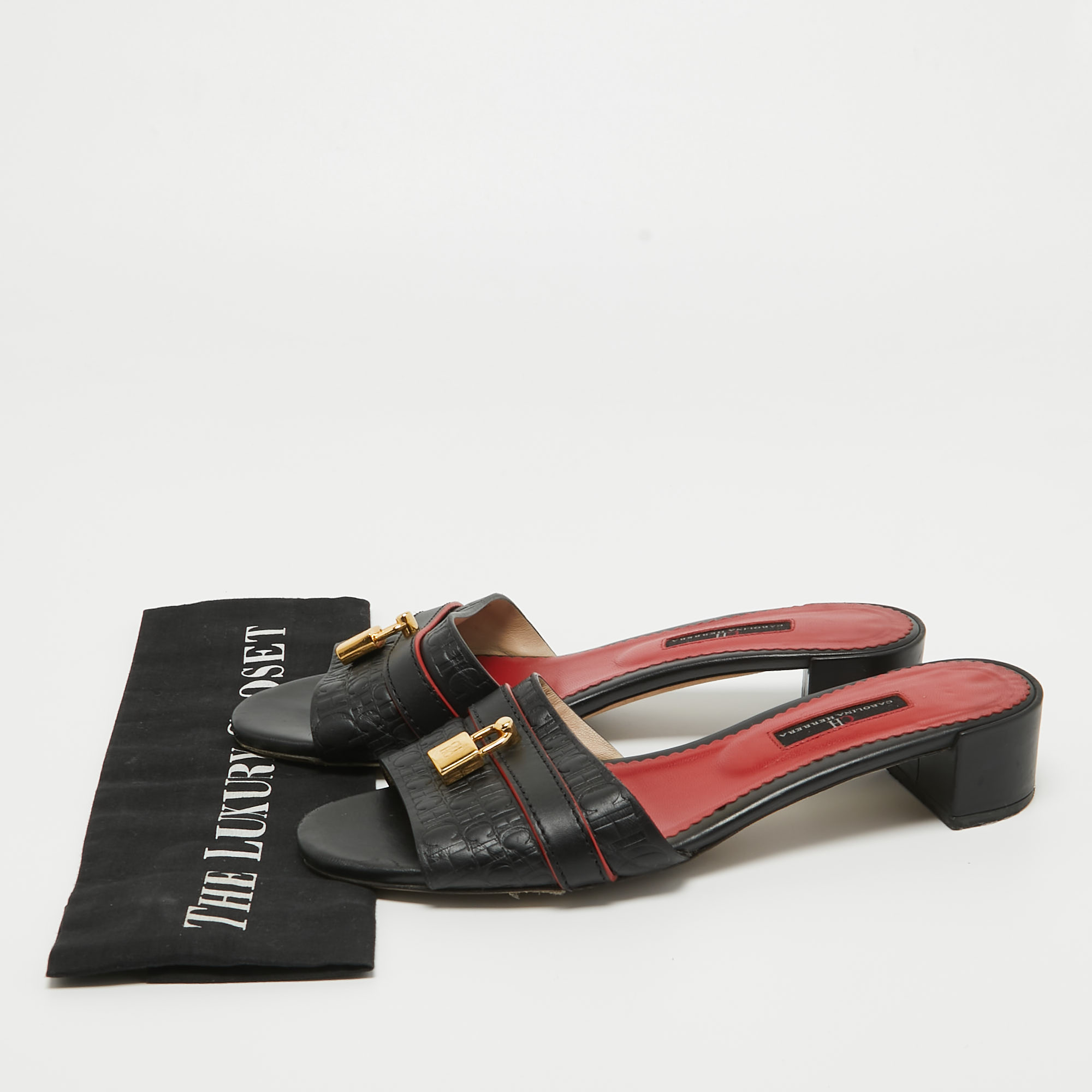 CH Carolina Herrera Black Monogram Leather Locked Slide Sandals Size 39