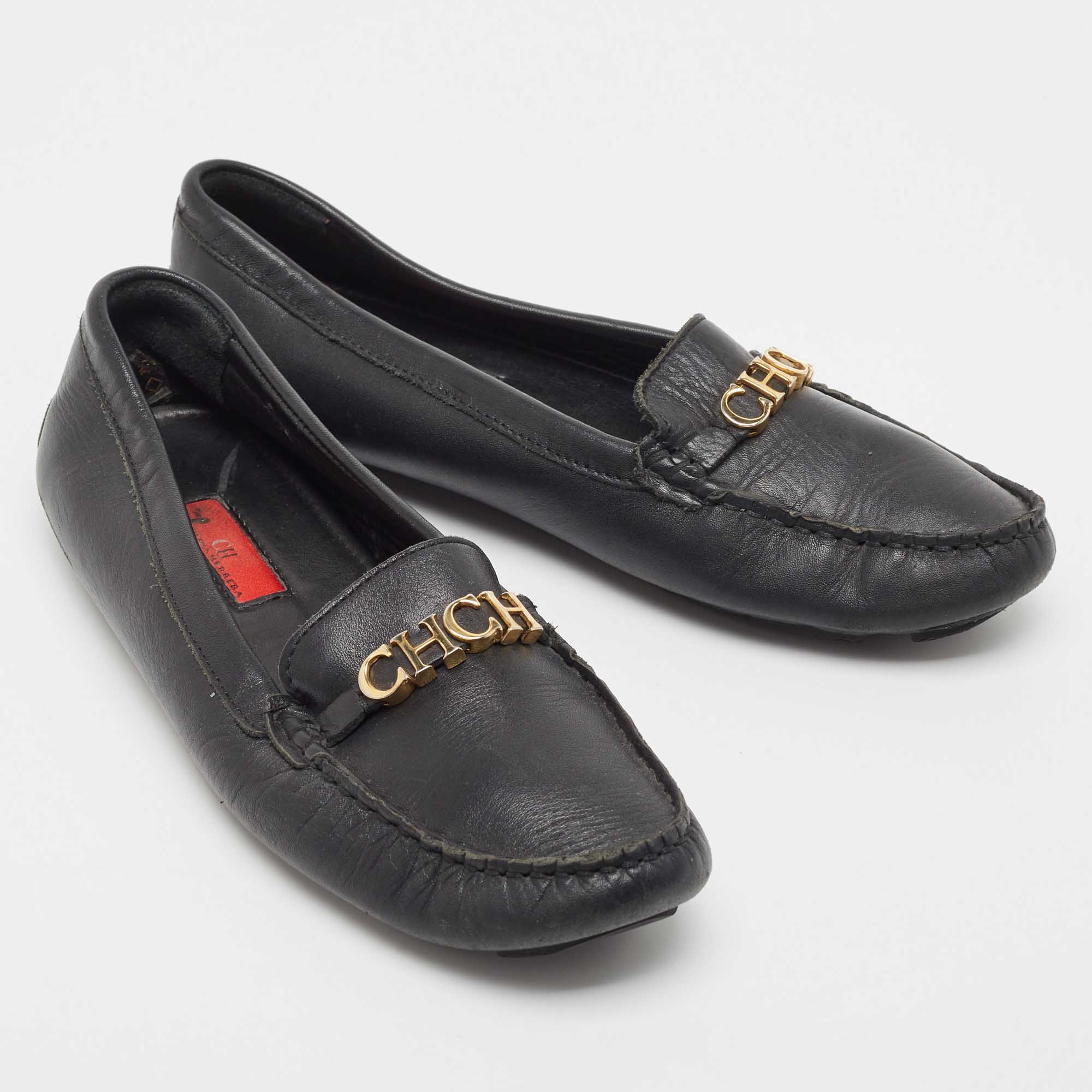 CH Carolina Herrera Black Leather CHCH Logo Loafers Size 40