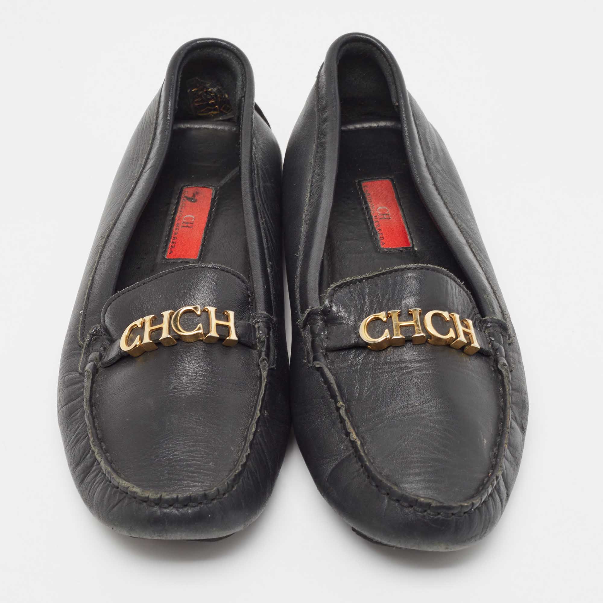 CH Carolina Herrera Black Leather CHCH Logo Loafers Size 40