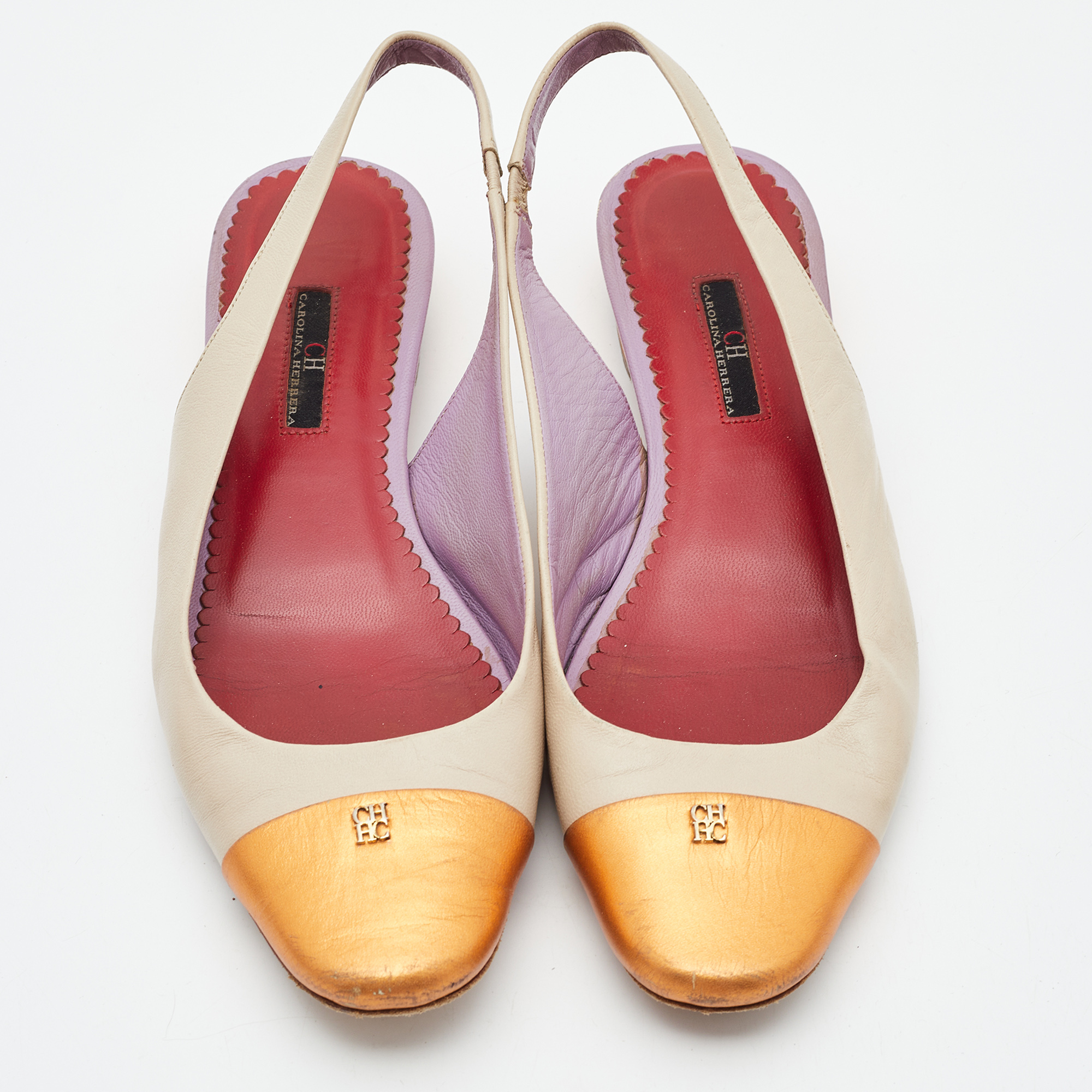 CH Carolina Herrera Cream/Orange Leather Round Toe Slingback Pumps Size 39