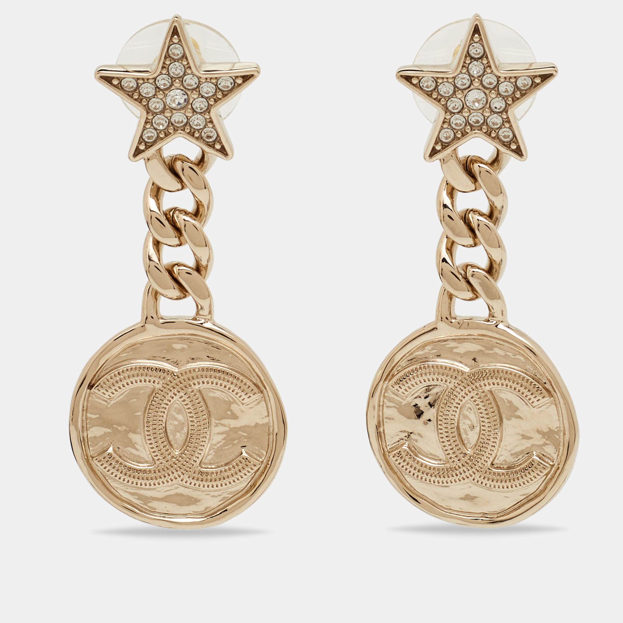 Chanel CC Strass Crystal Gold Tone Earrings