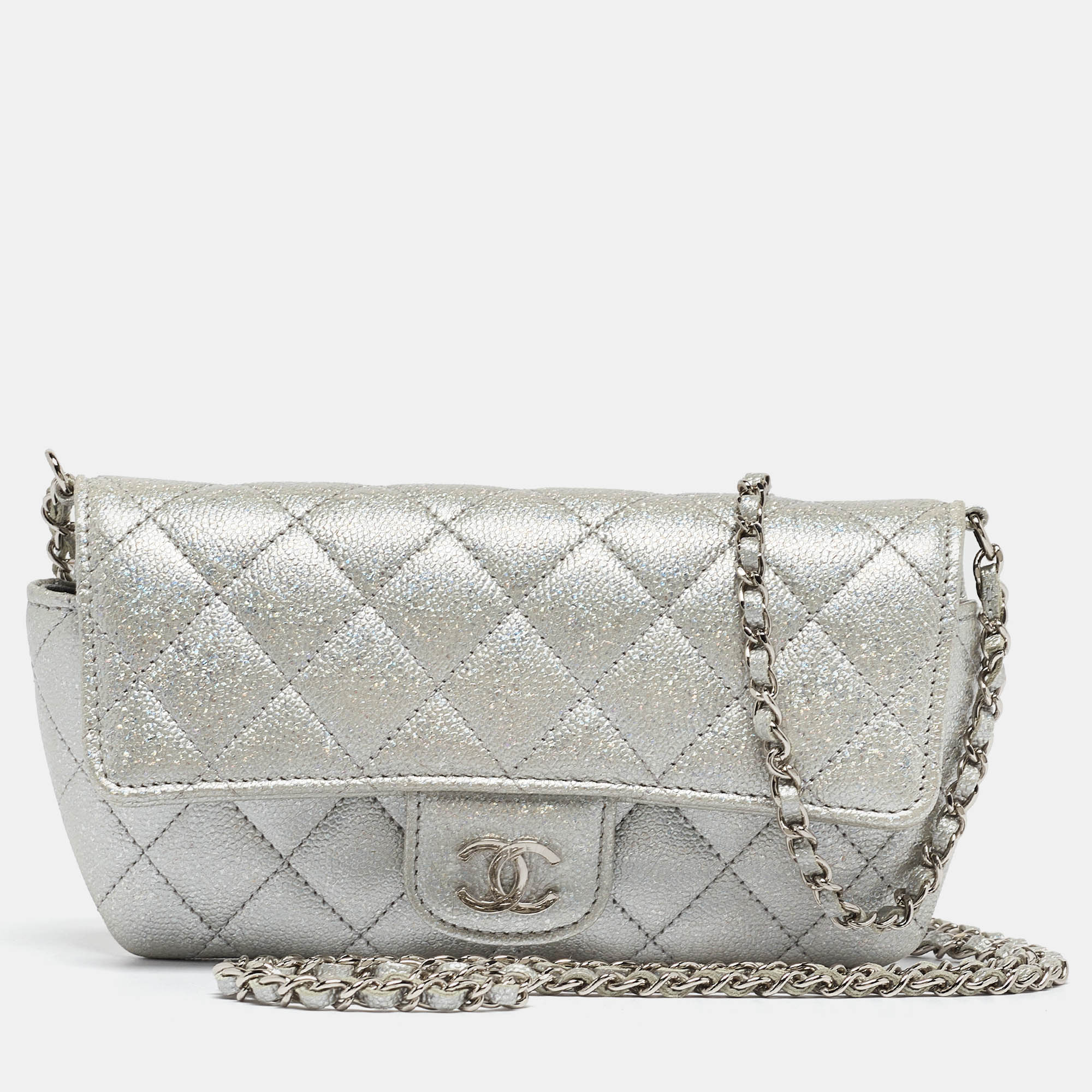 Chanel silver iridescent caviar quilted leather glassed case with chain