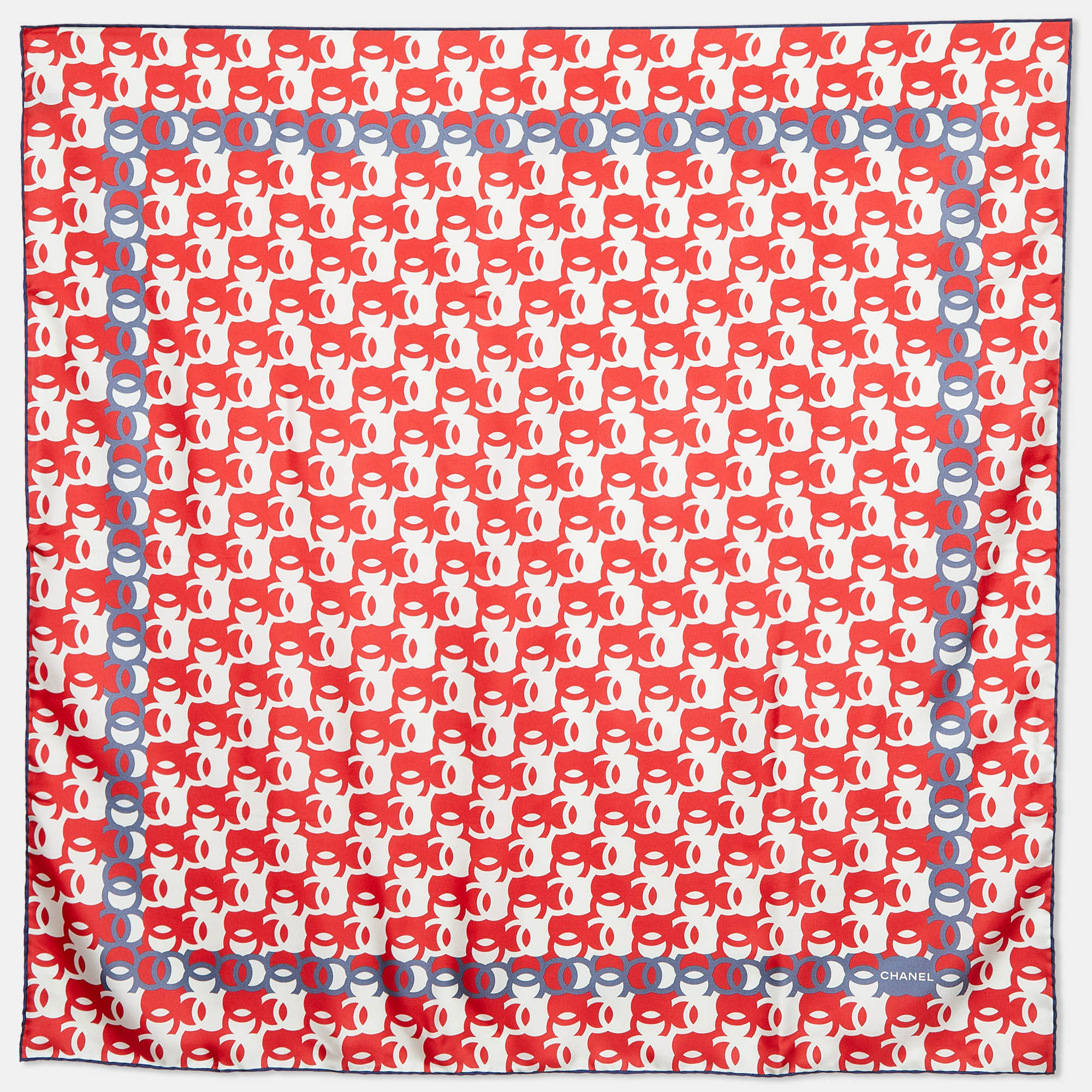 Chanel red tricolor cc print silk square scarf
