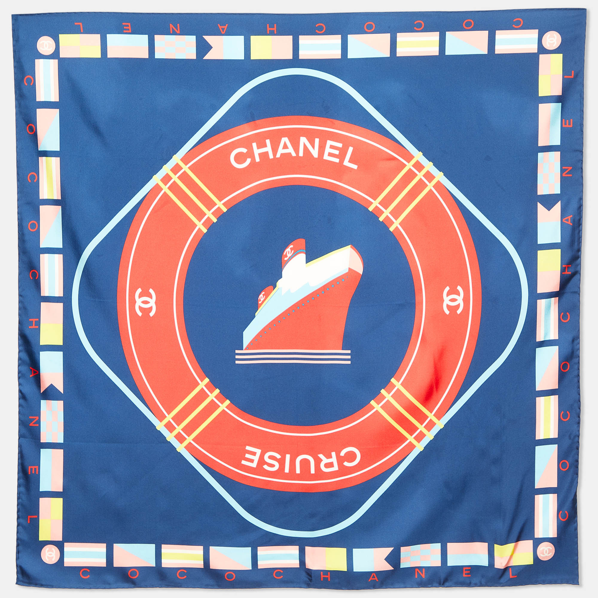 Chanel navy blue cruise print silk square scarf
