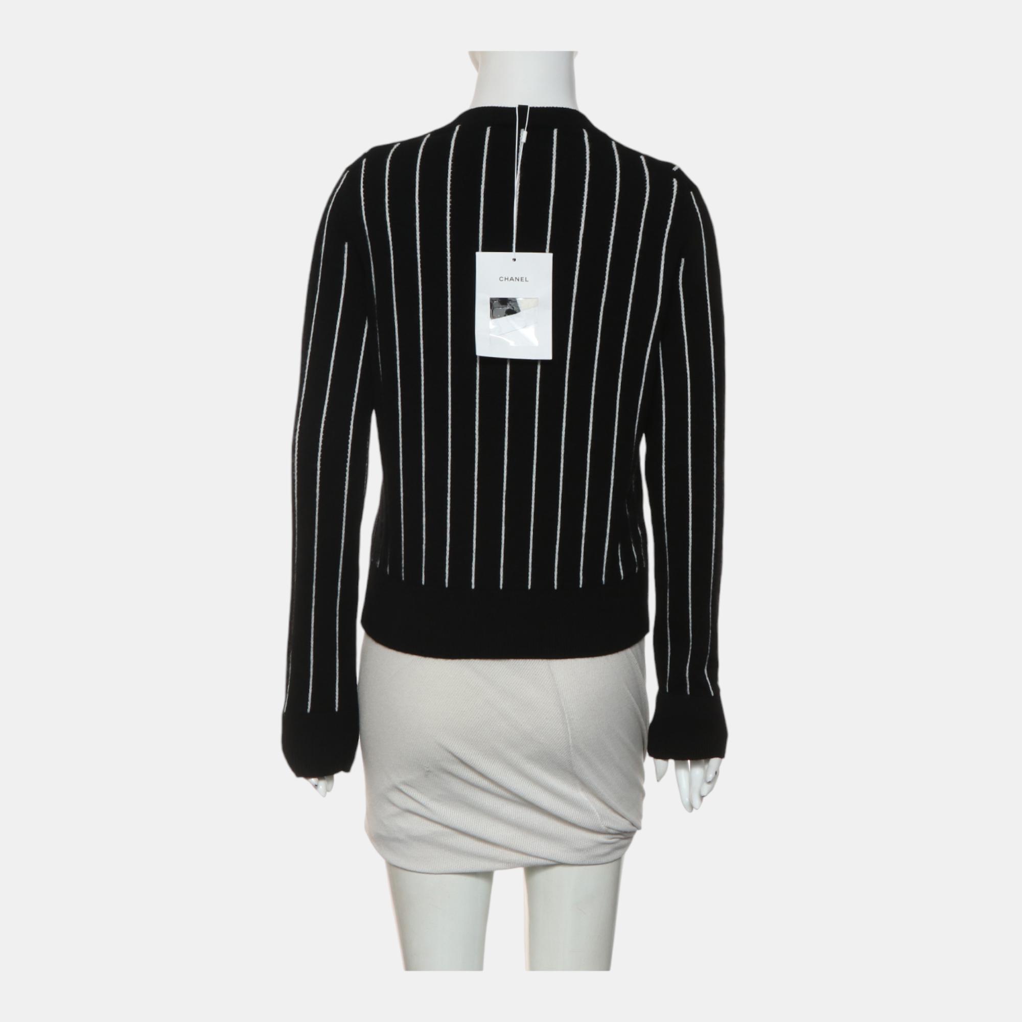 Chanel Black Crew Neck Stripes Logo Sweater S