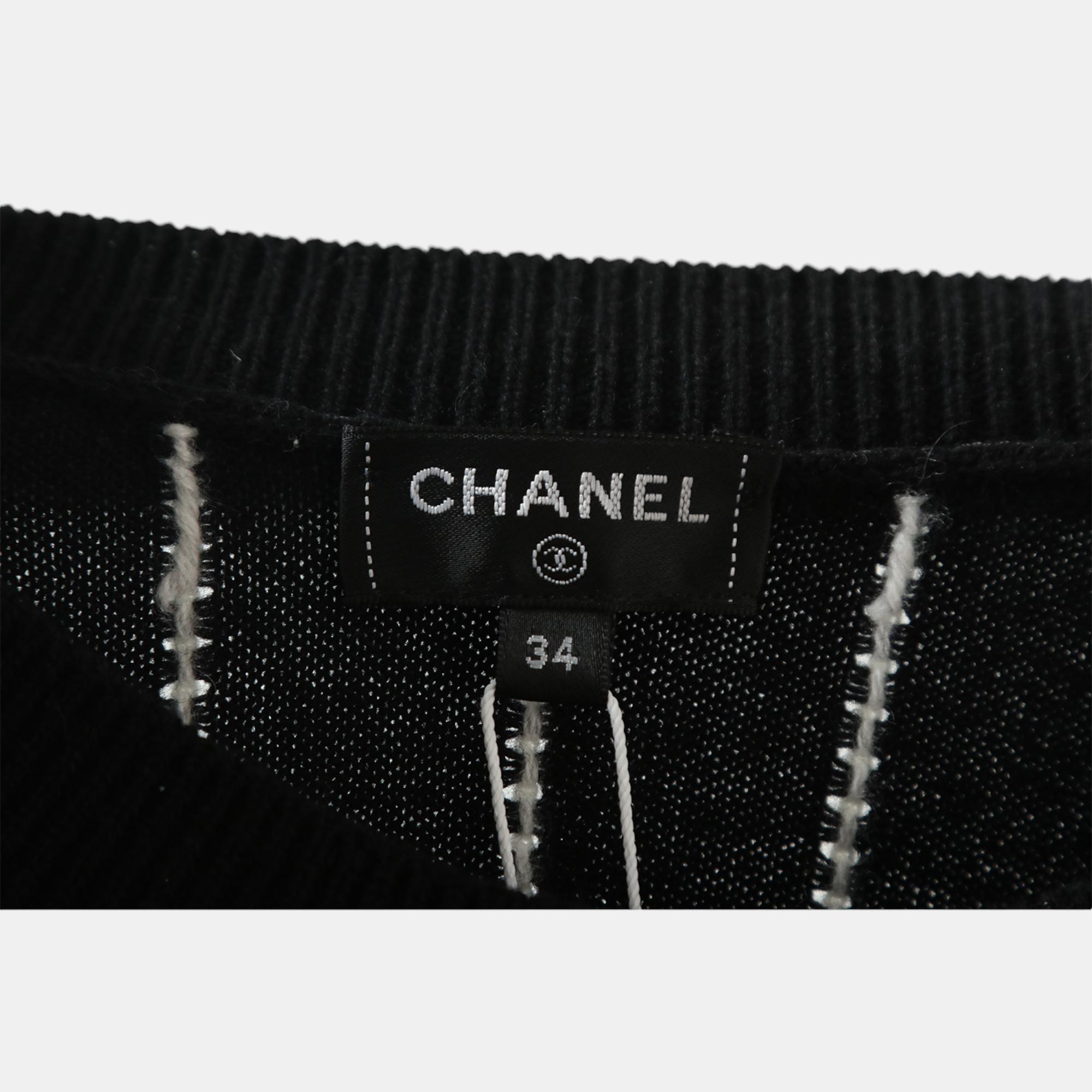 Chanel Black Crew Neck Stripes Logo Sweater S