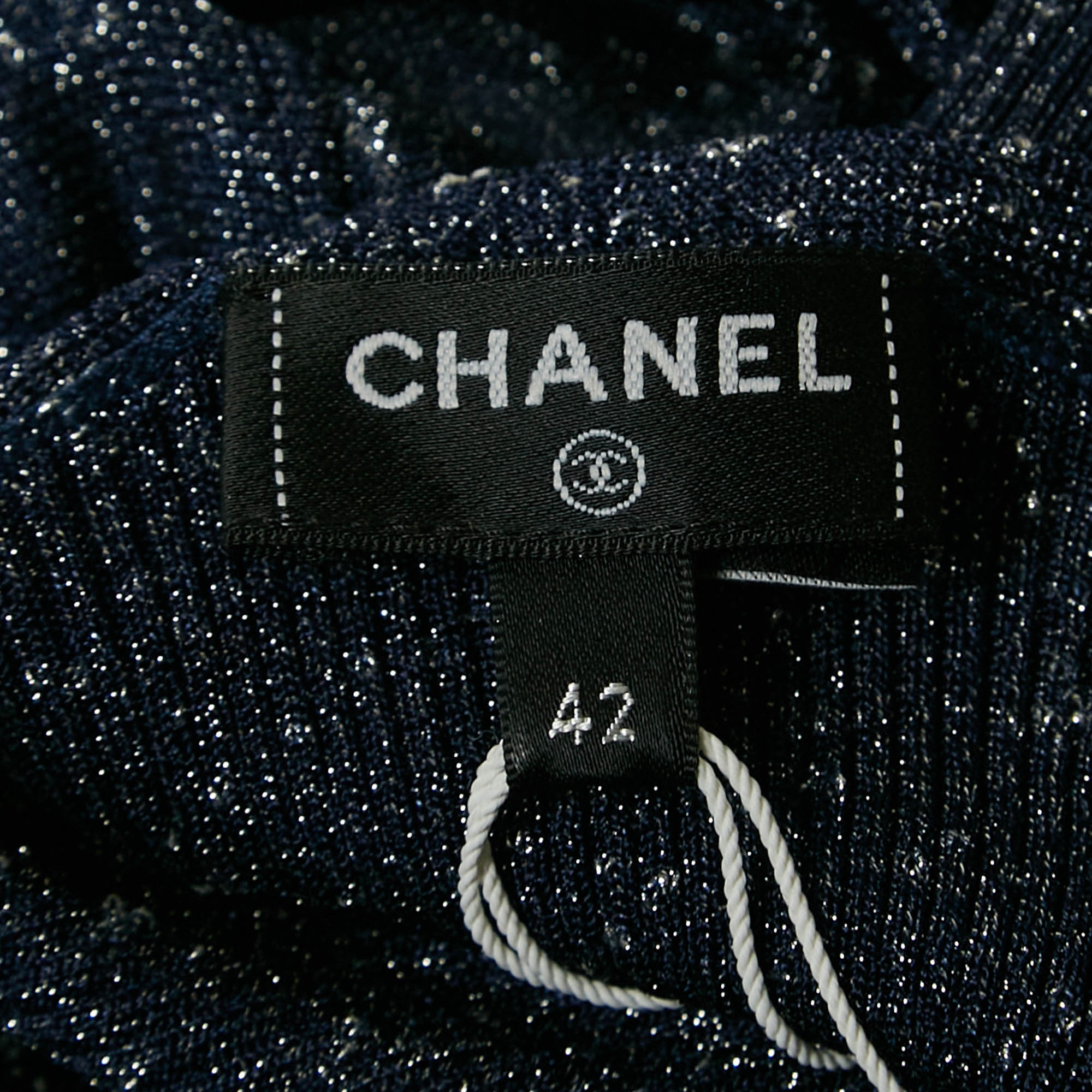 Chanel Navy Blue Lurex Knit Logo Detail Midi Dress L