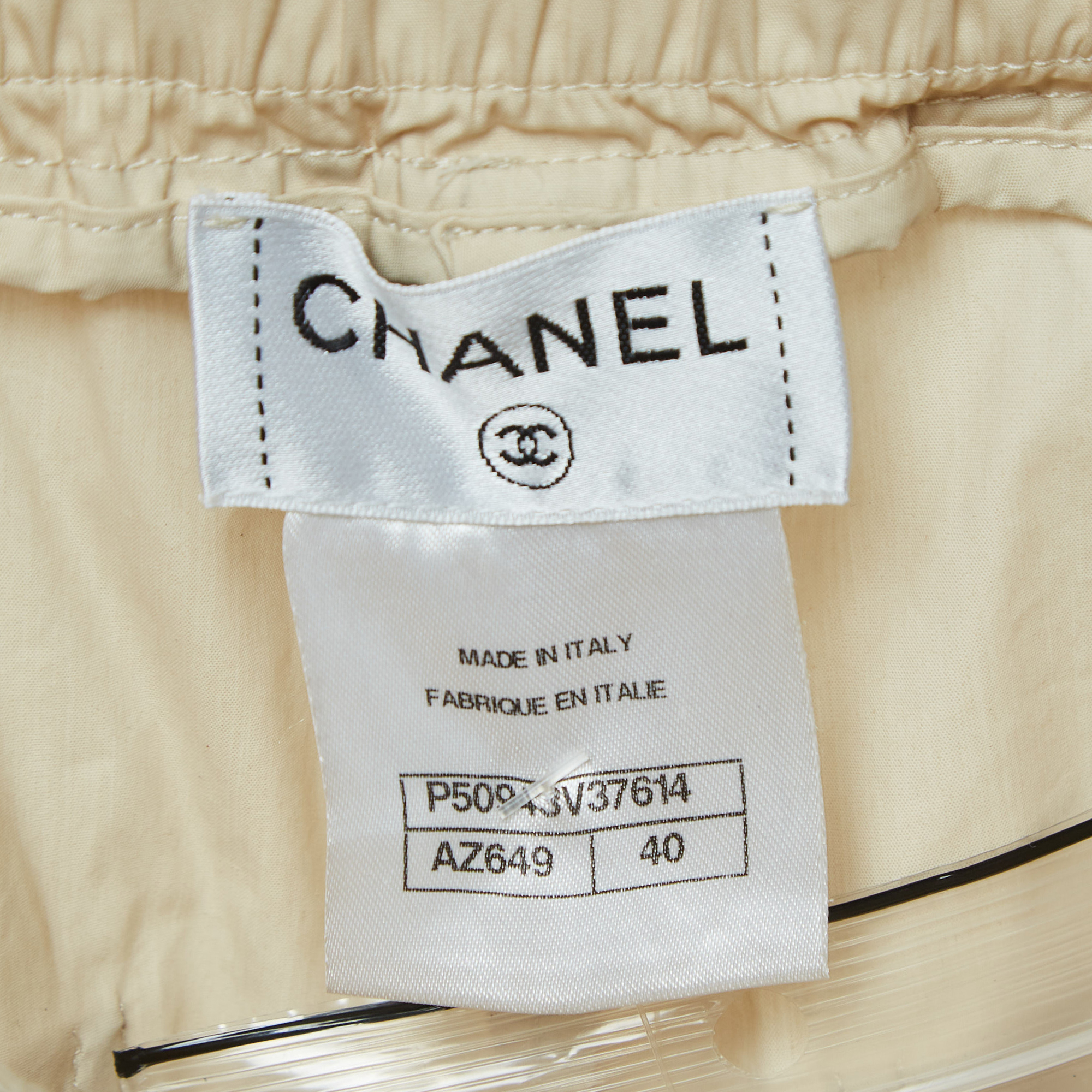 Chanel Light Beige Cotton Blend Waist Tie Detail Elasticated Hem Trousers M