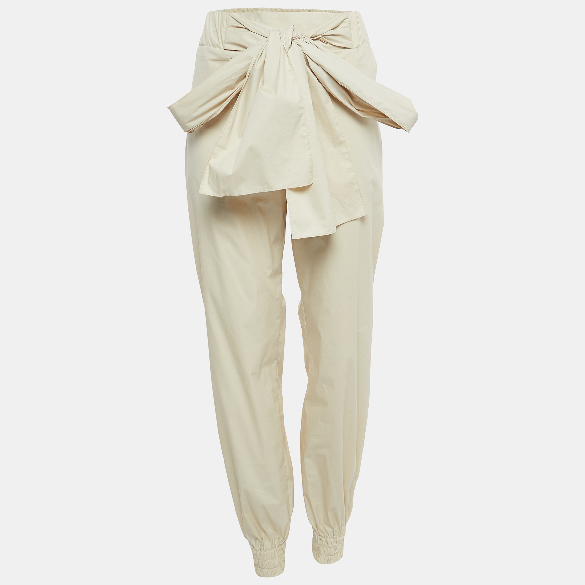 Chanel Light Beige Cotton Blend Waist Tie Detail Elasticated Hem Trousers M