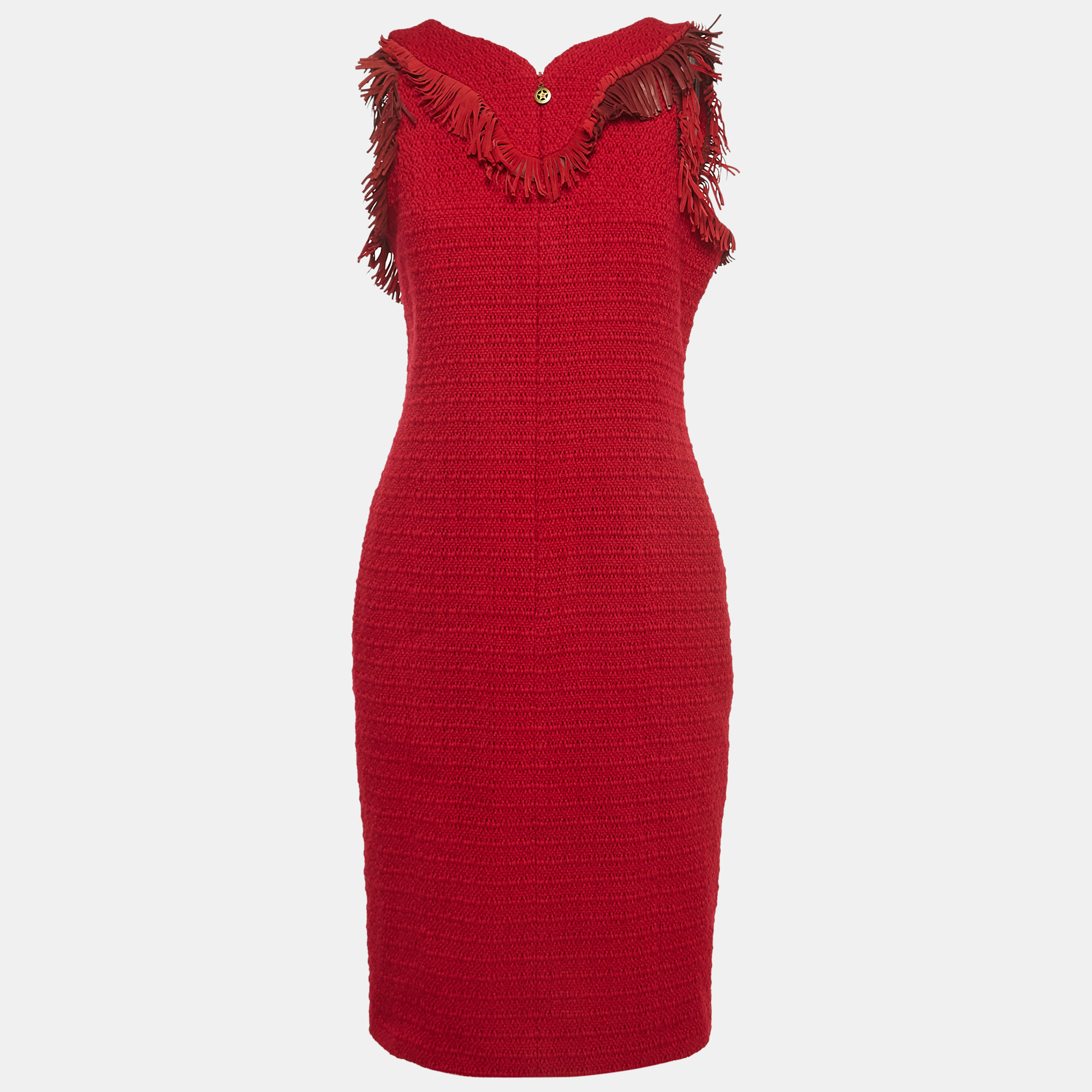 Chanel Red Suede Fringed Tweed Sleeveless Short Dress L