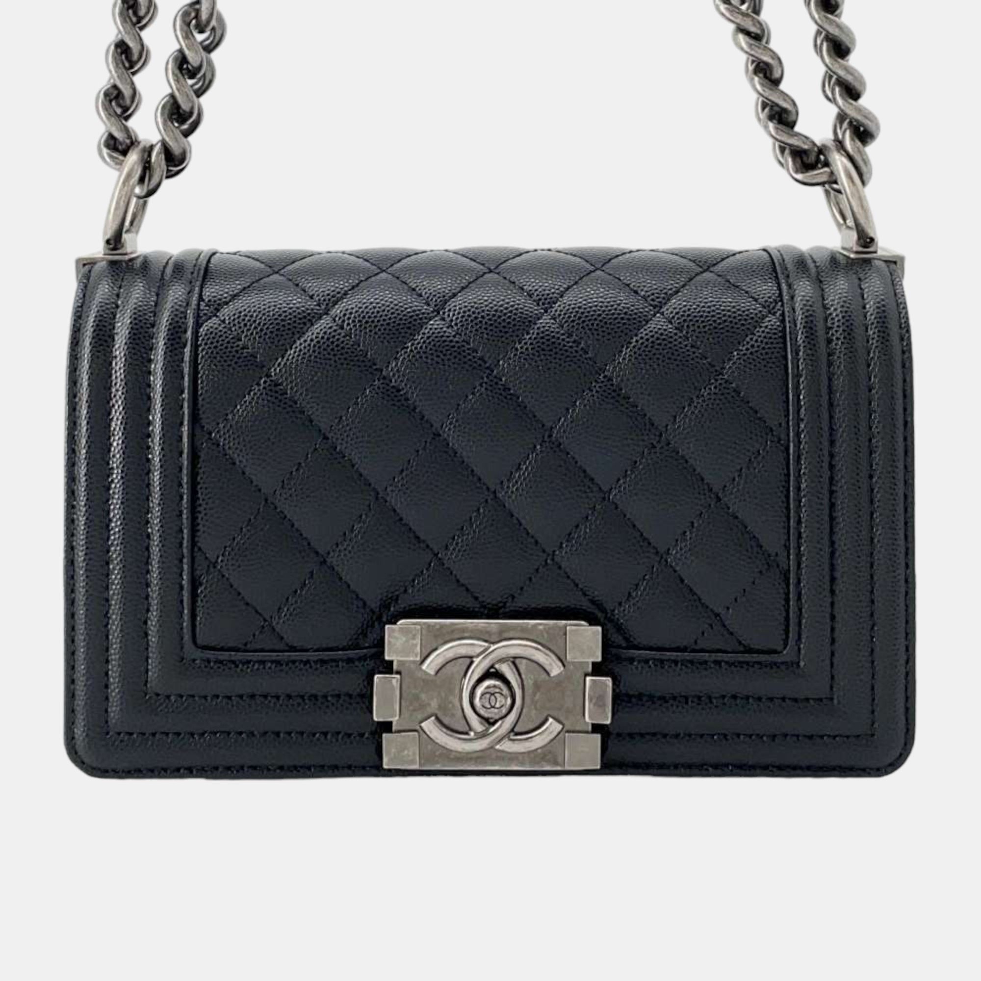 Chanel black caviar leather small boy shoulder bag