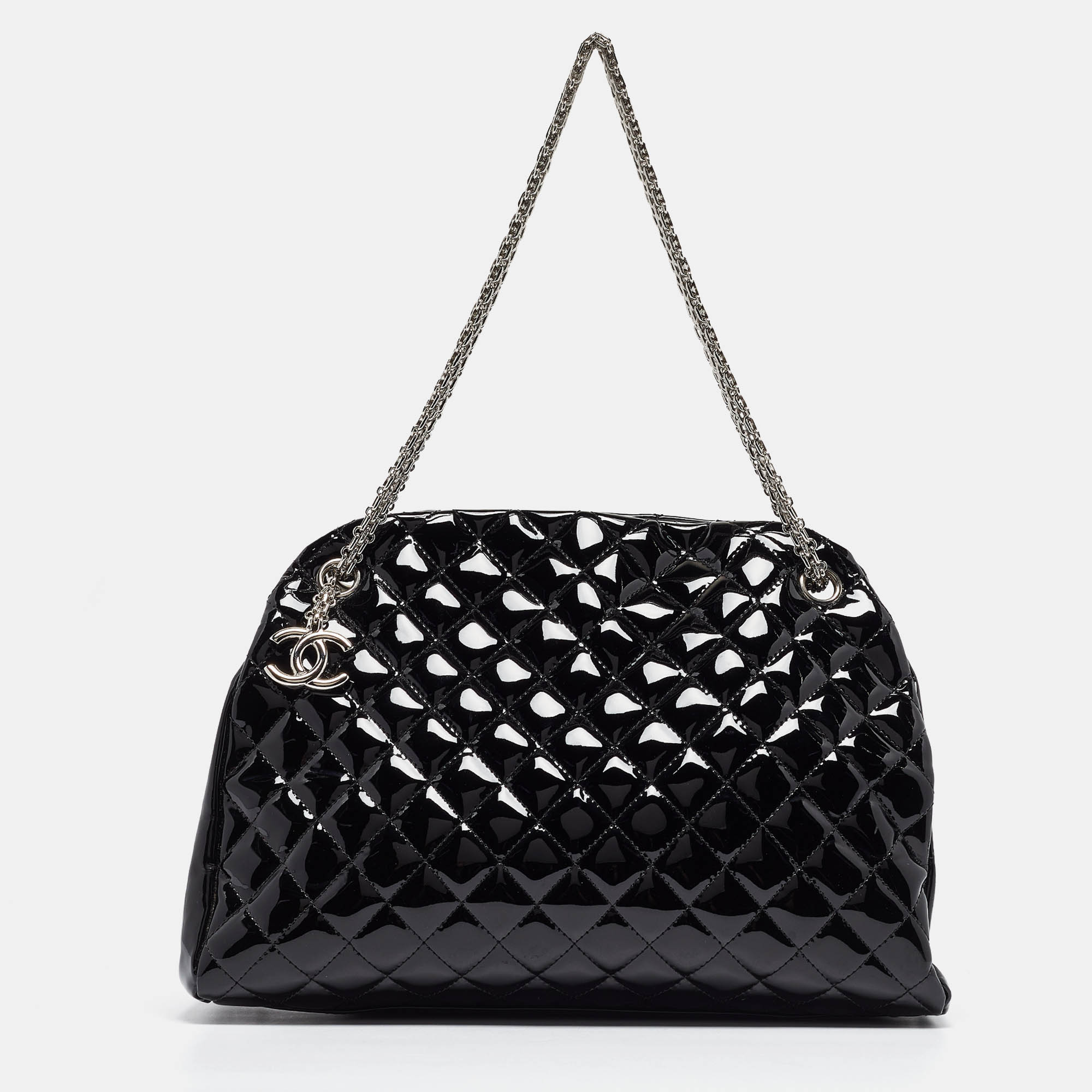 Chanel black quilted patent leather large just mademoiselle bowler bag