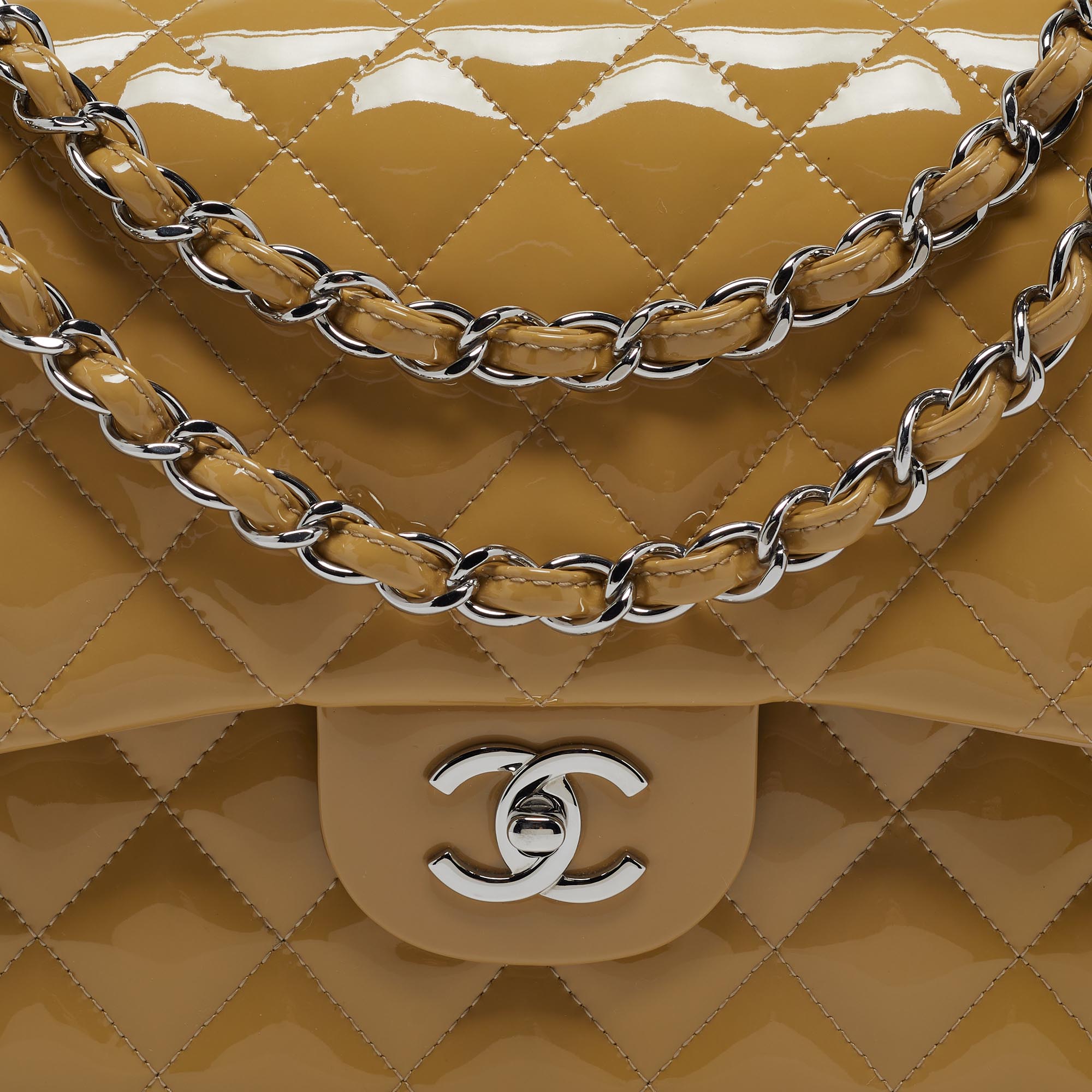 Chanel Beige Quilted Patent Leather Jumbo Classic Double Flap Bag