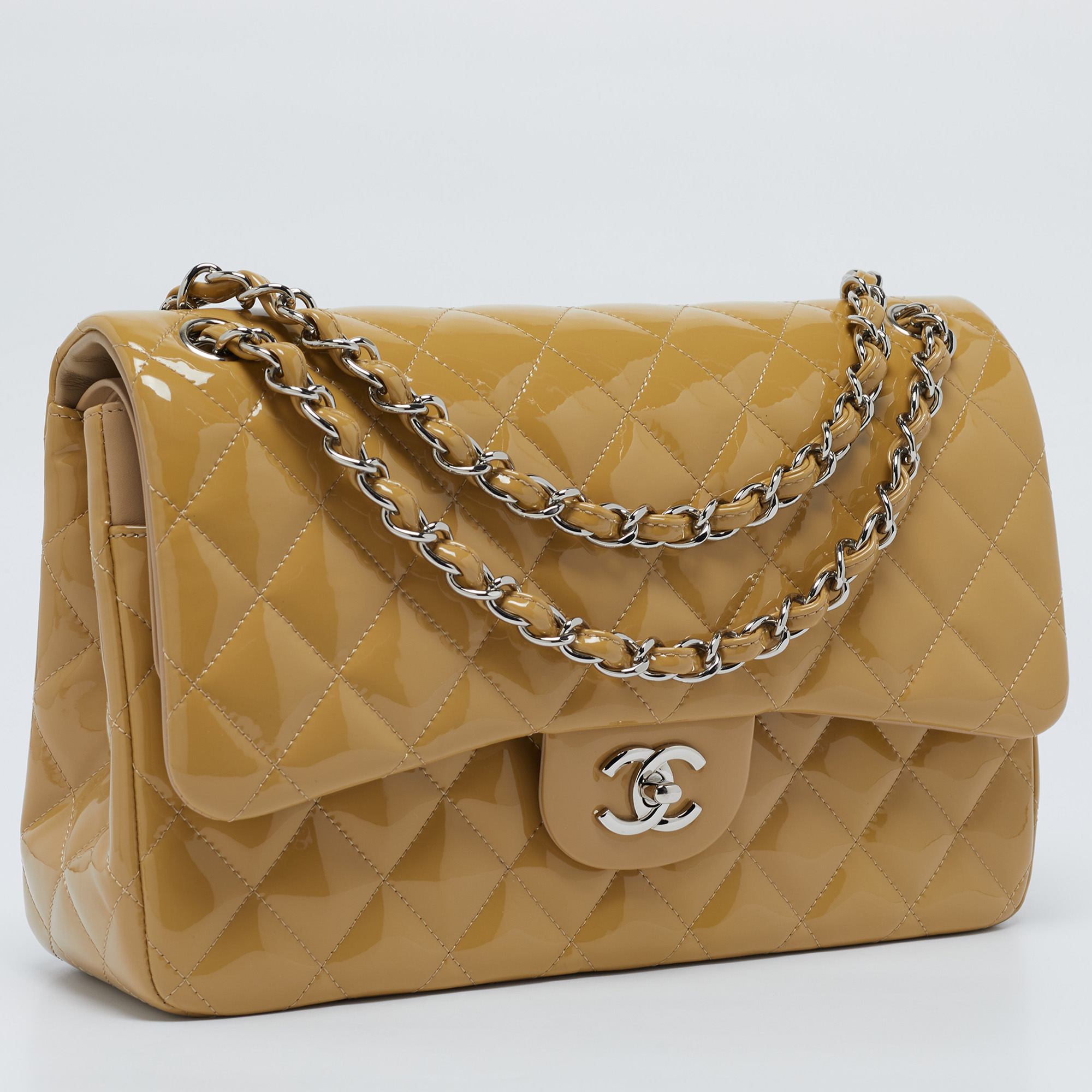 Chanel Beige Quilted Patent Leather Jumbo Classic Double Flap Bag