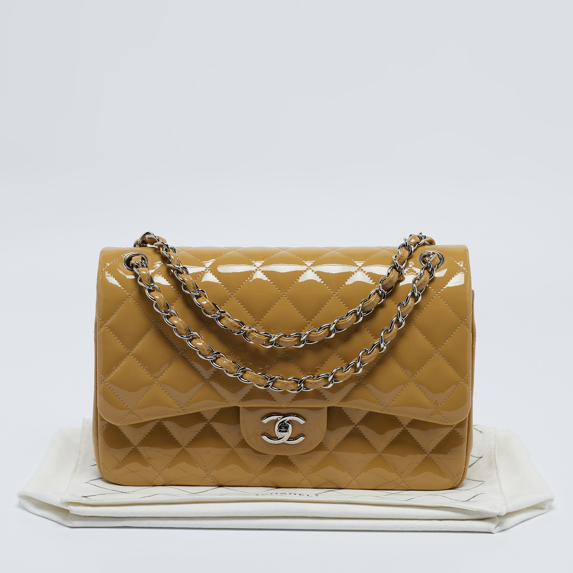 Chanel Beige Quilted Patent Leather Jumbo Classic Double Flap Bag