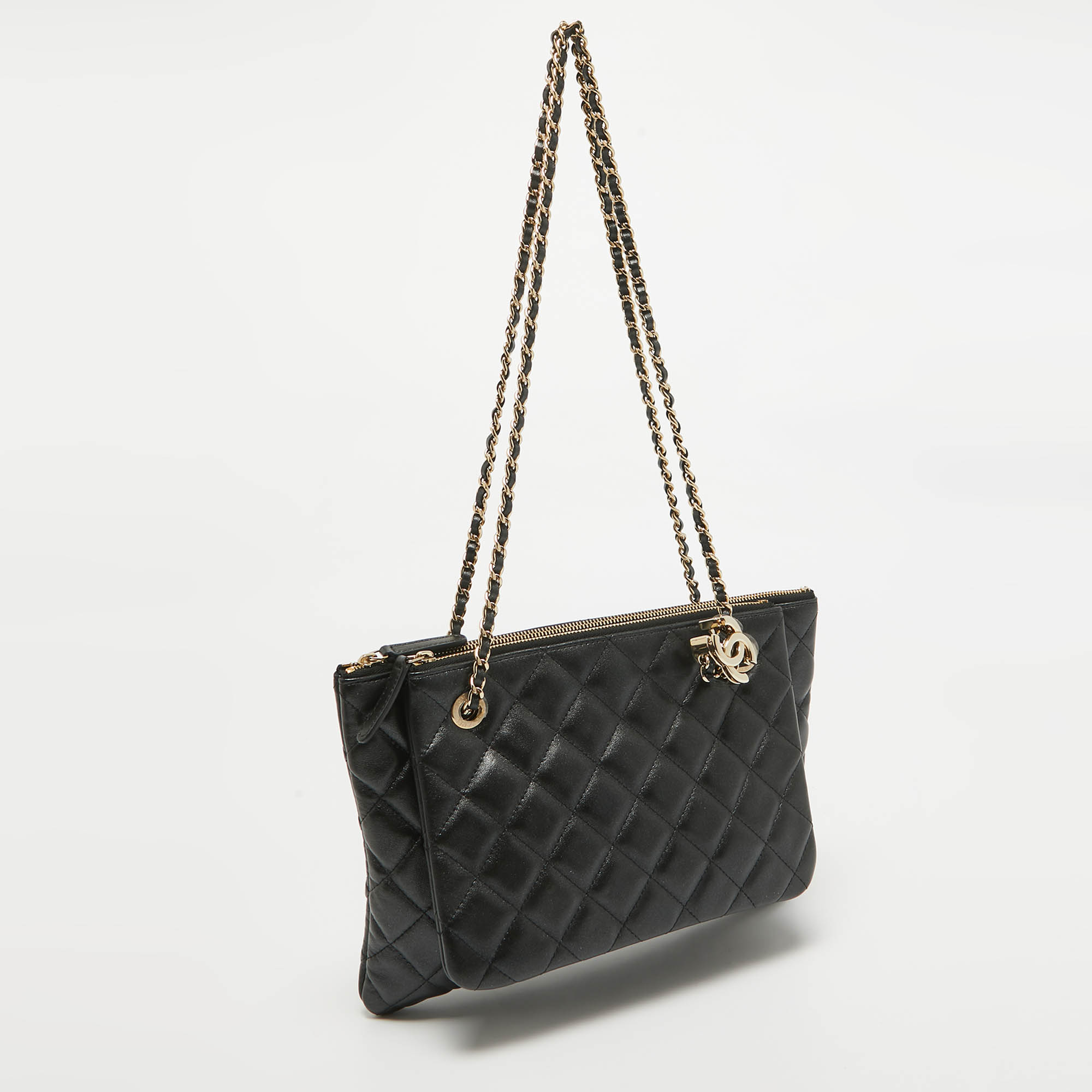 Chanel Black Quilted Leather Double Zip Crossbody Pouch