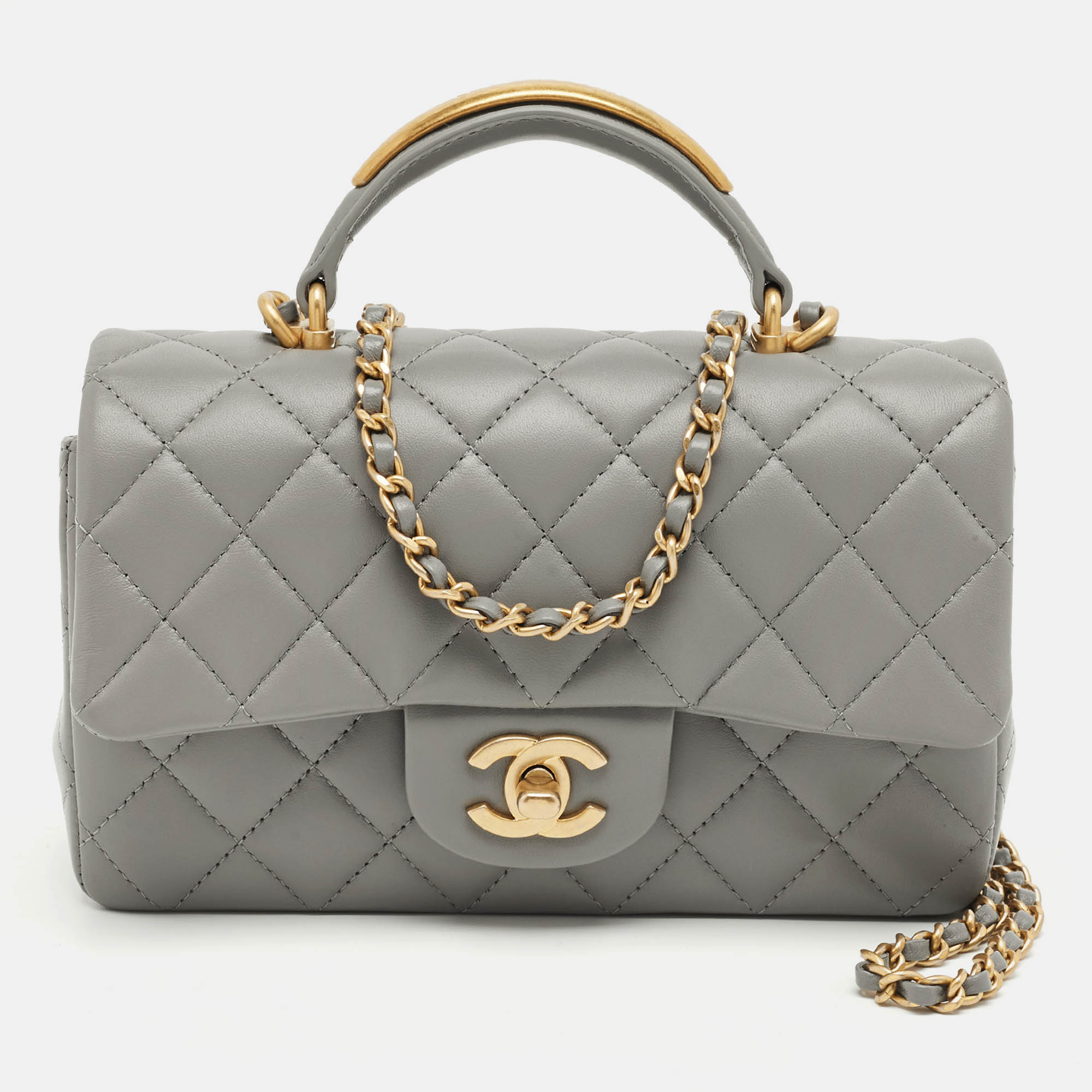 Chanel Grey Quilted Leather Mini Rectangular Flap Top Handle Bag
Chanel Grey Quilted Leather Mini Rectangular Flap Top Handle Bag