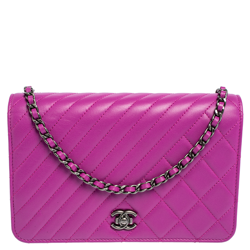 Chanel Purple Quilted Lambskin Leather Coco Boy Wallet on Chain