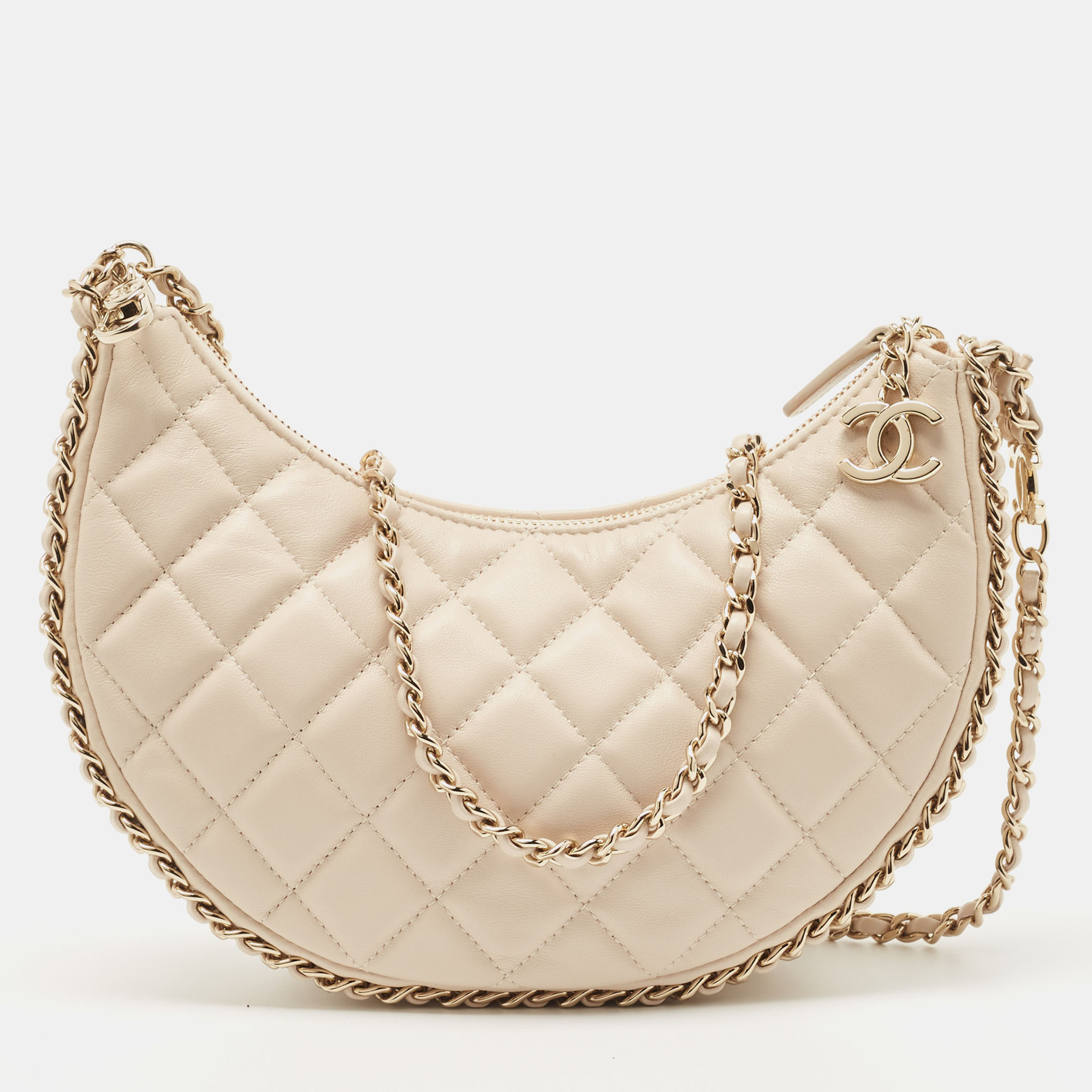 Chanel Light Beige Quilted Leather Chain Around Shoulder Bag