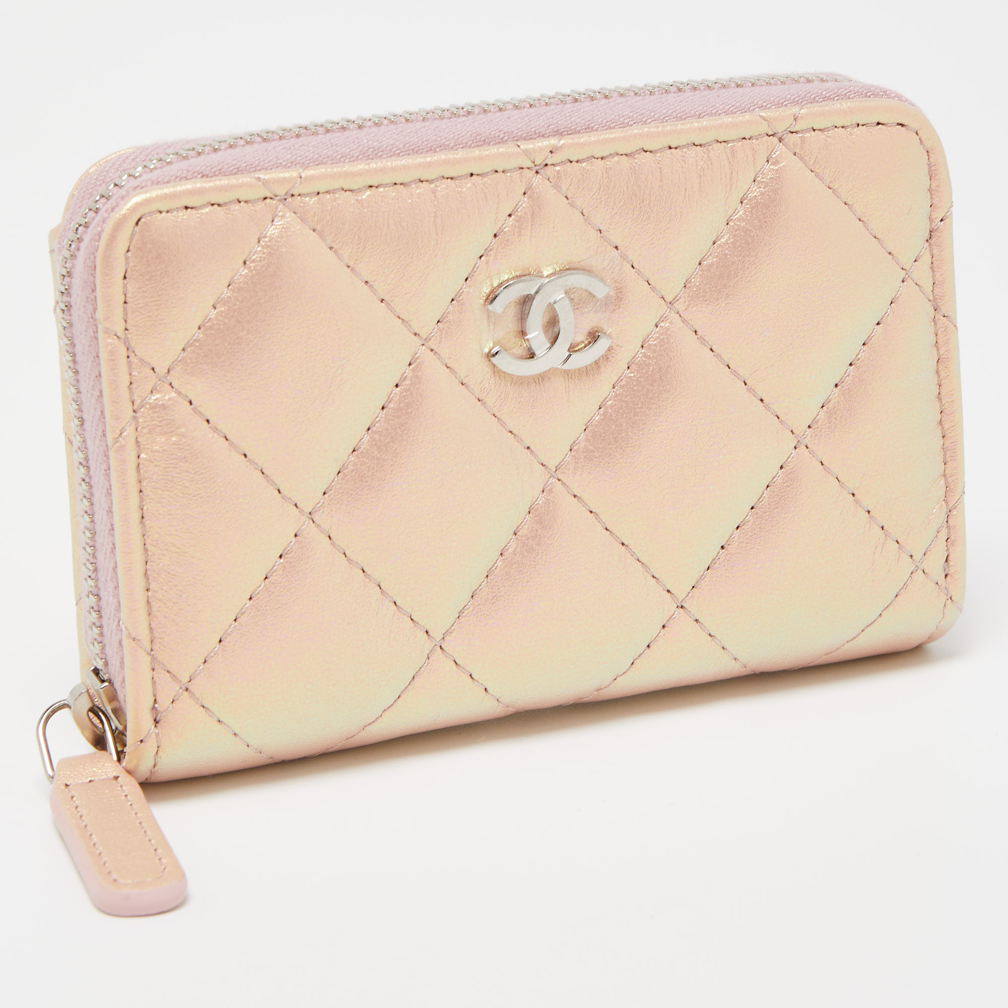 Chanel Pink Quilted Iridescent Leather CC Zip Coin Purse