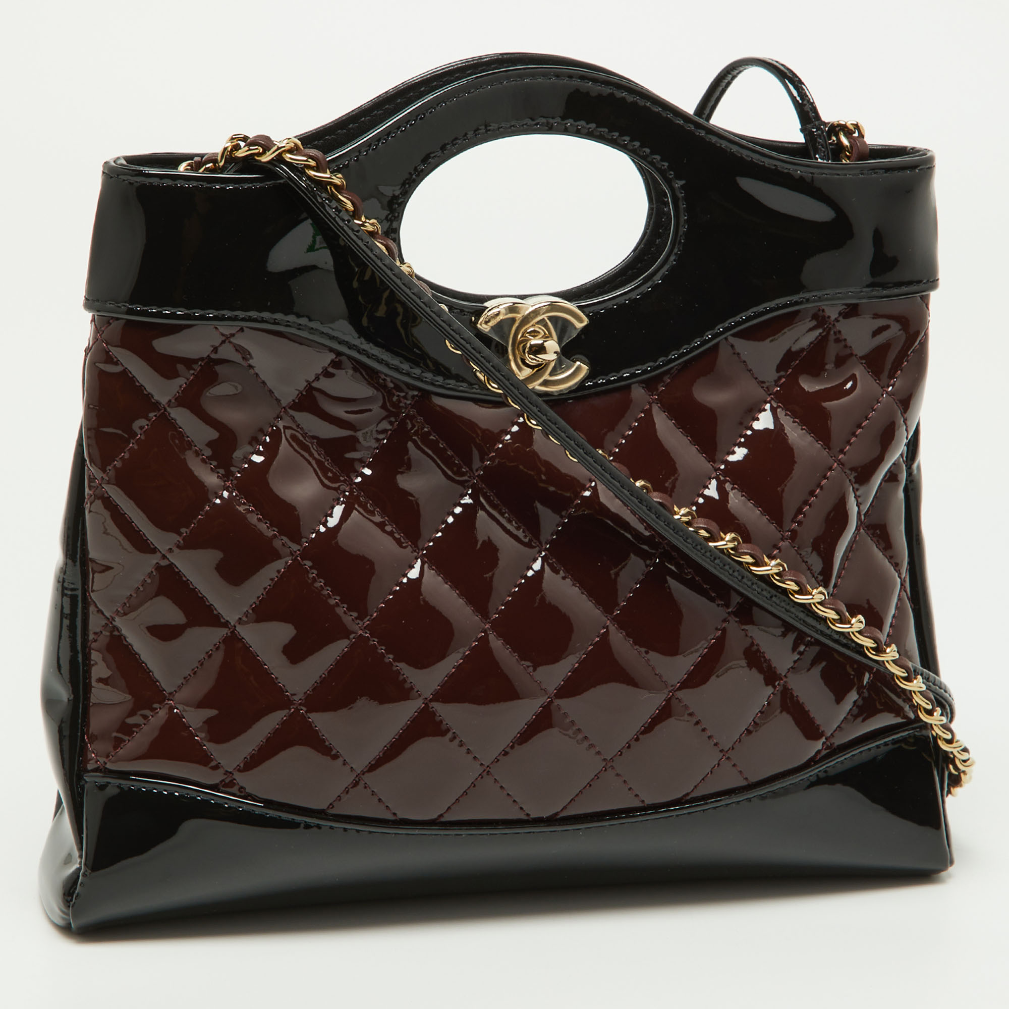 Chanel Black/Burgundy Quilted Patent Leather Mini 31 Shopping Tote