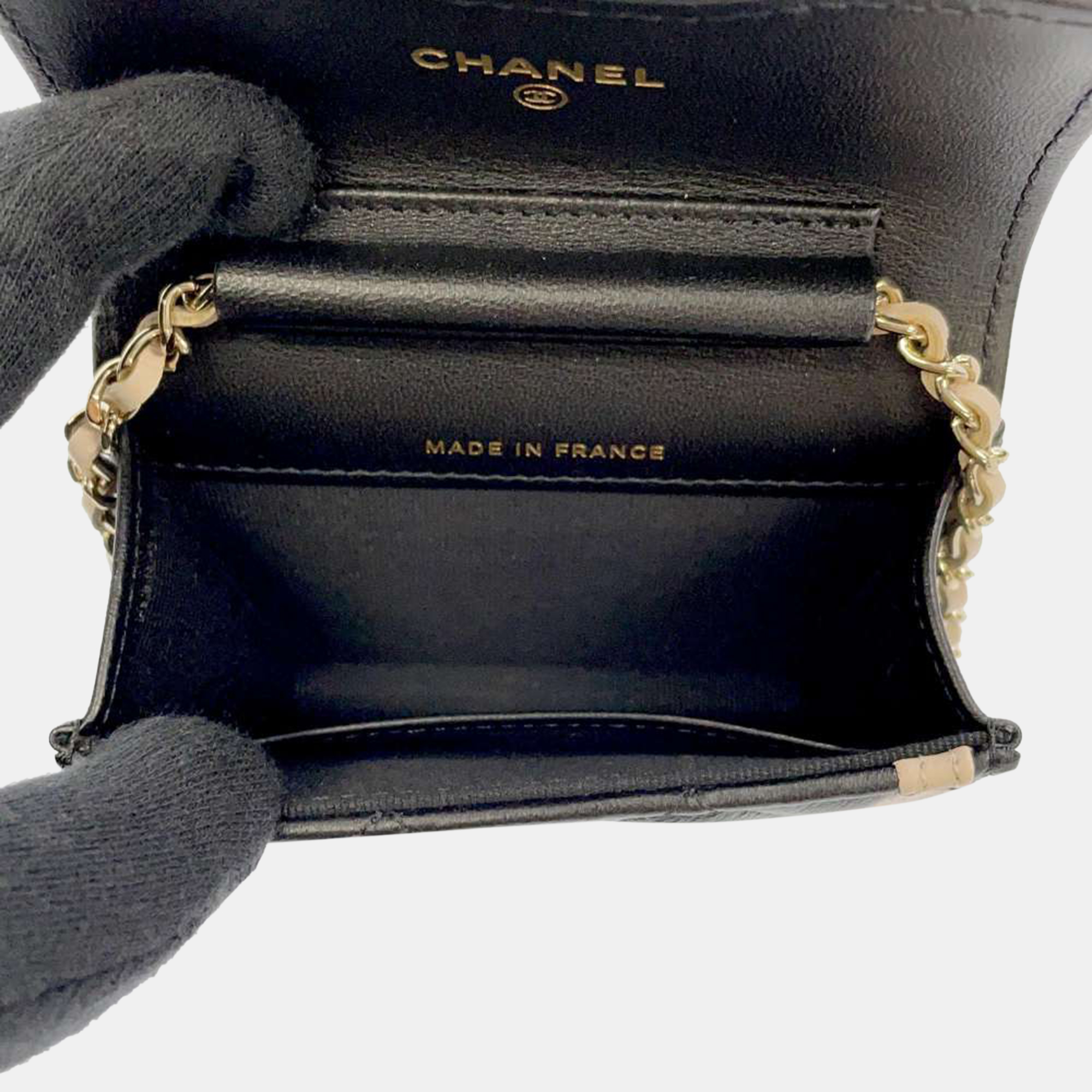 CHANEL Black/Beige Quilted Lambskin Leather Clutch With Chain