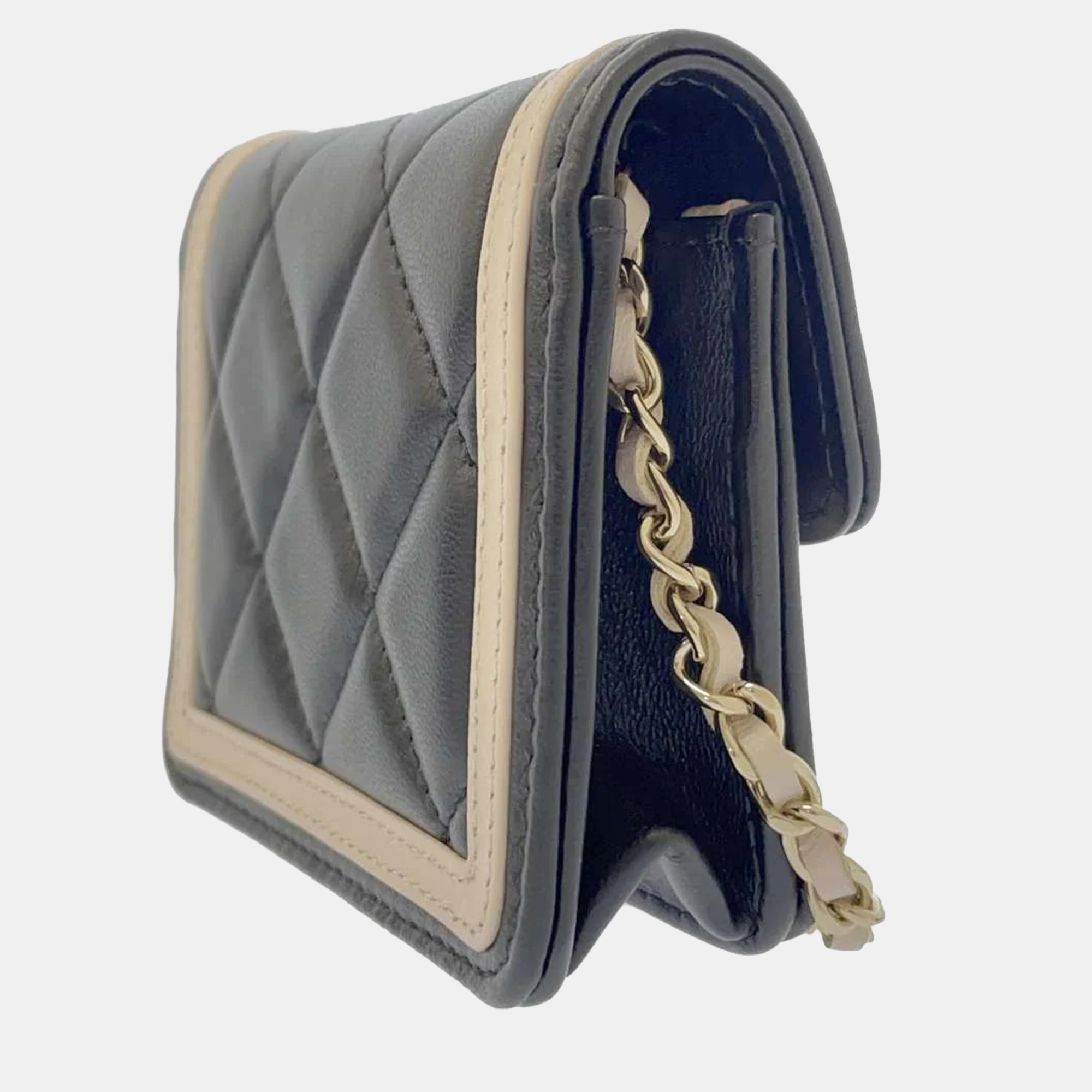 CHANEL Black/Beige Quilted Lambskin Leather Clutch With Chain