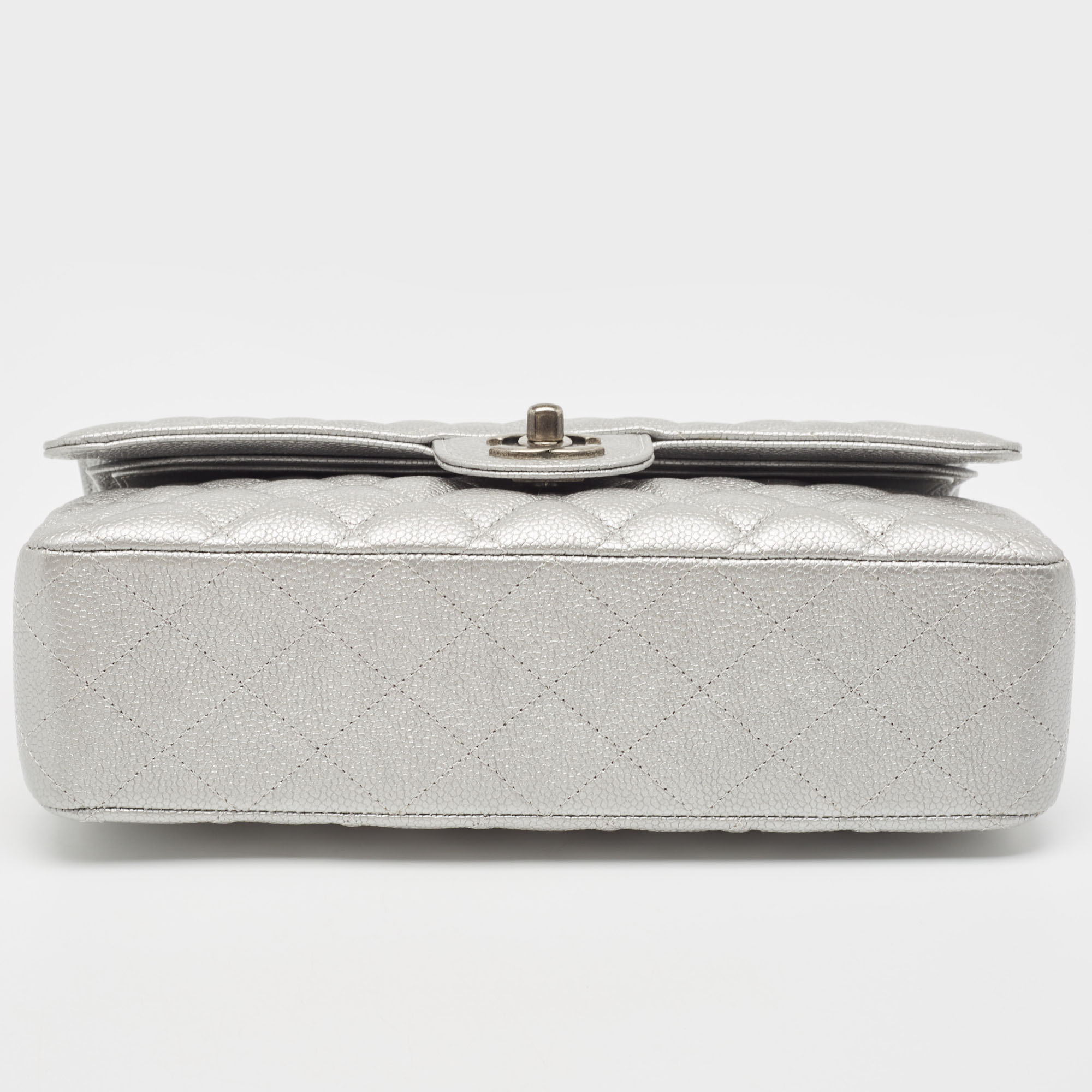 Chanel Silver Quilted Caviar Leather Medium Classic Double Flap Bag