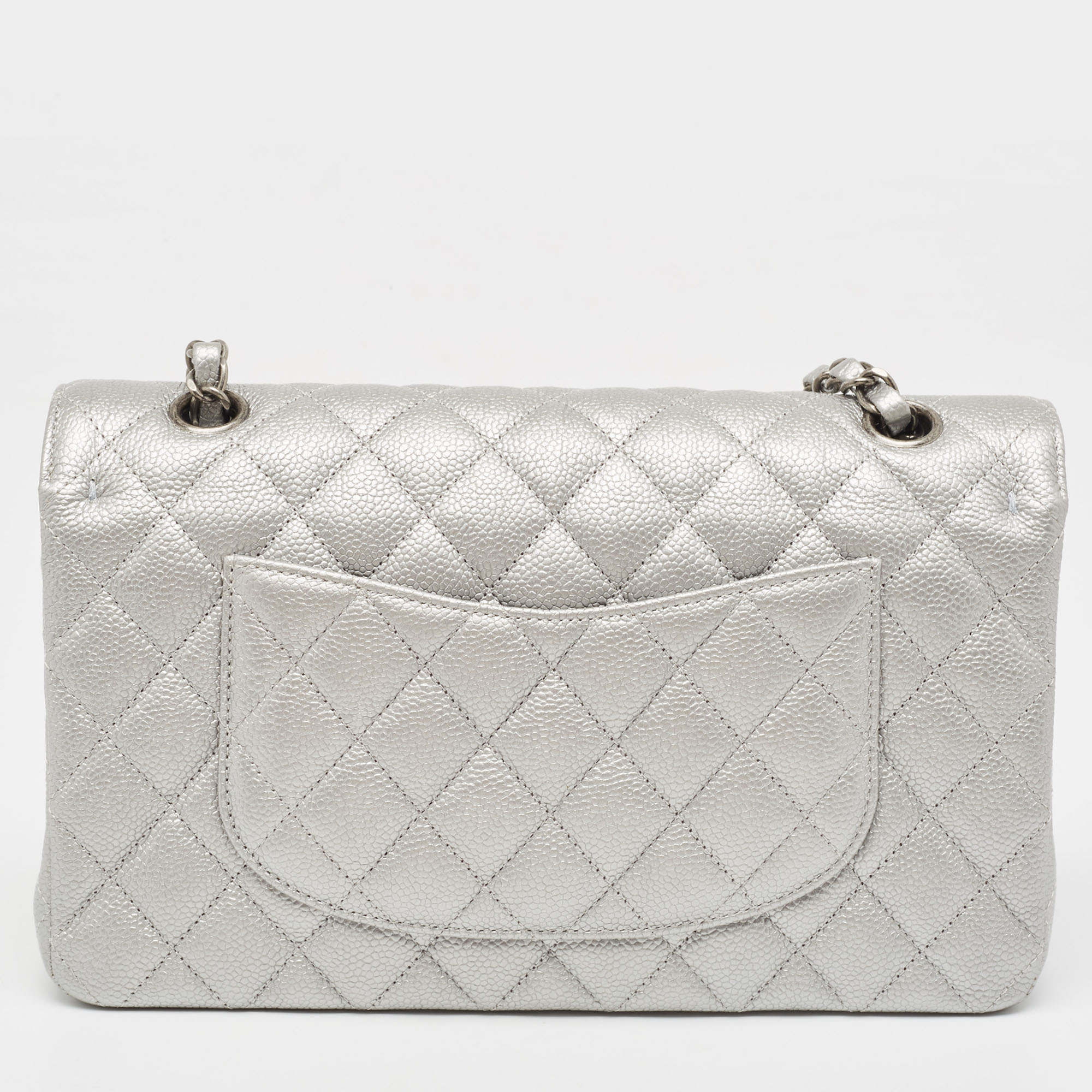 Chanel Silver Quilted Caviar Leather Medium Classic Double Flap Bag