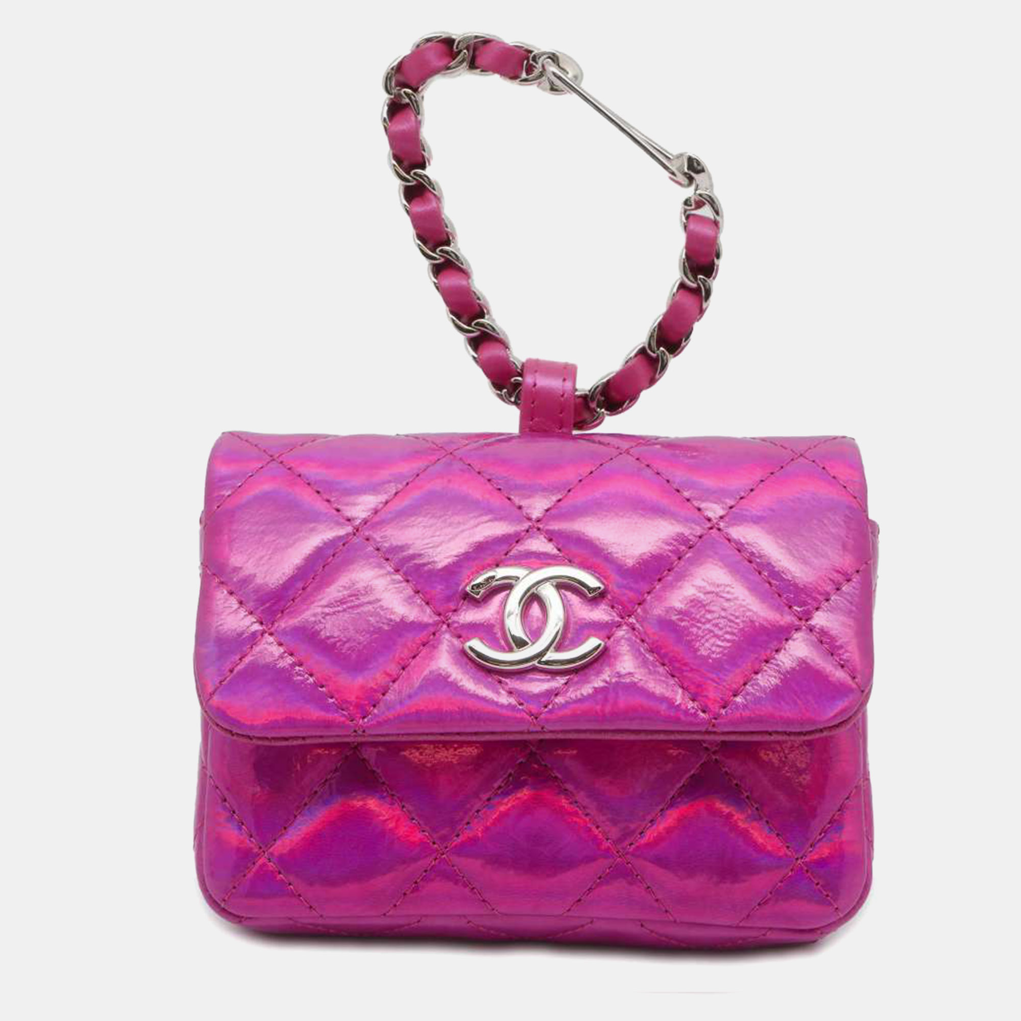 Chanel pink patent lambskin leather quilted hook card holder