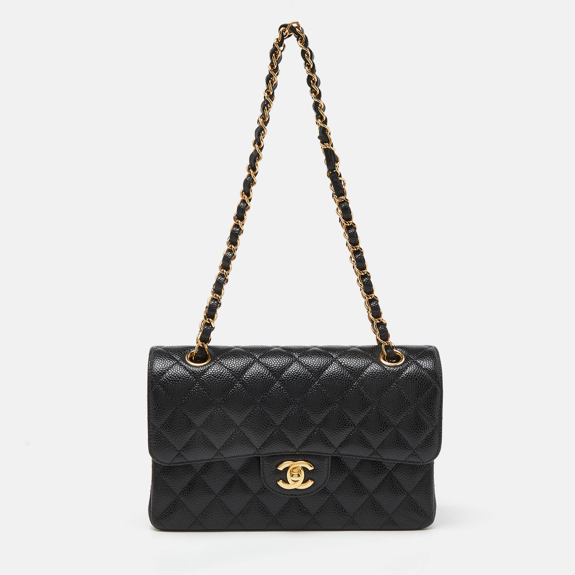 Chanel black quilted caviar leather small classic double flap bag