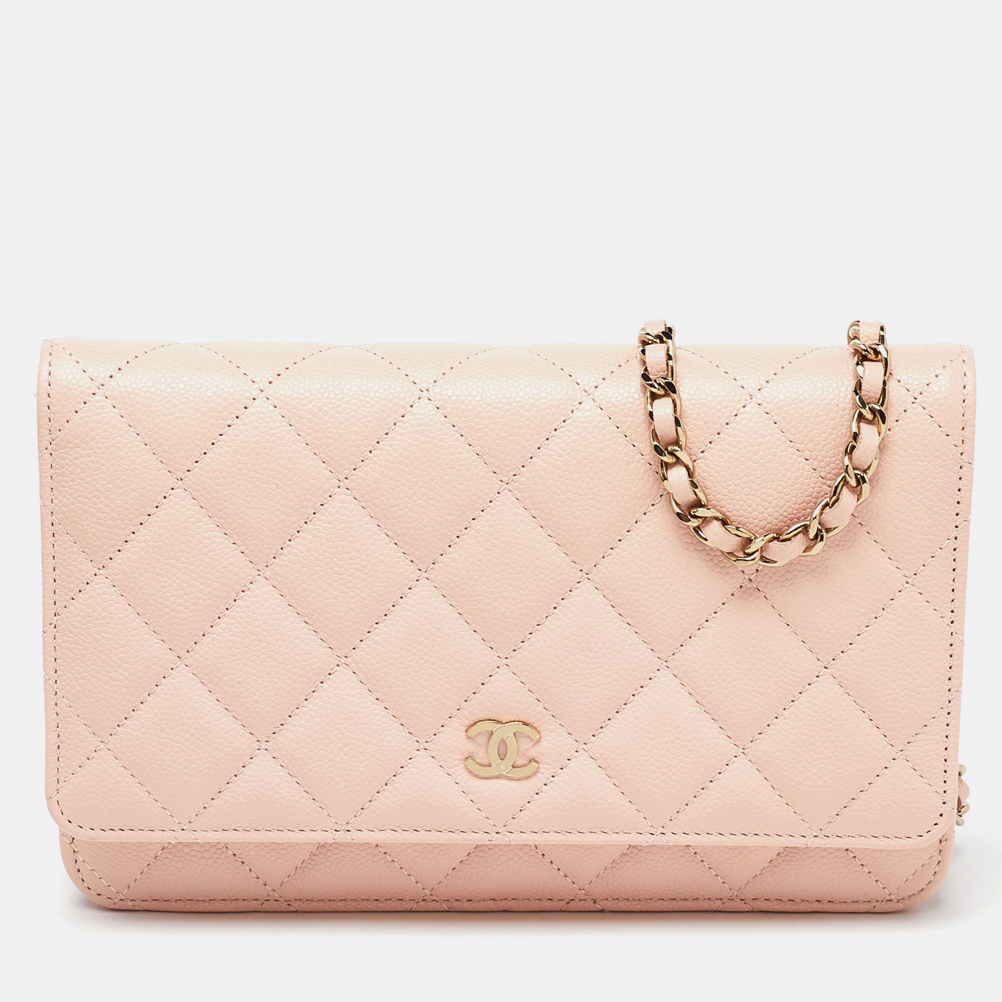 Chanel peach quilted caviar leather cc flap wallet on chain