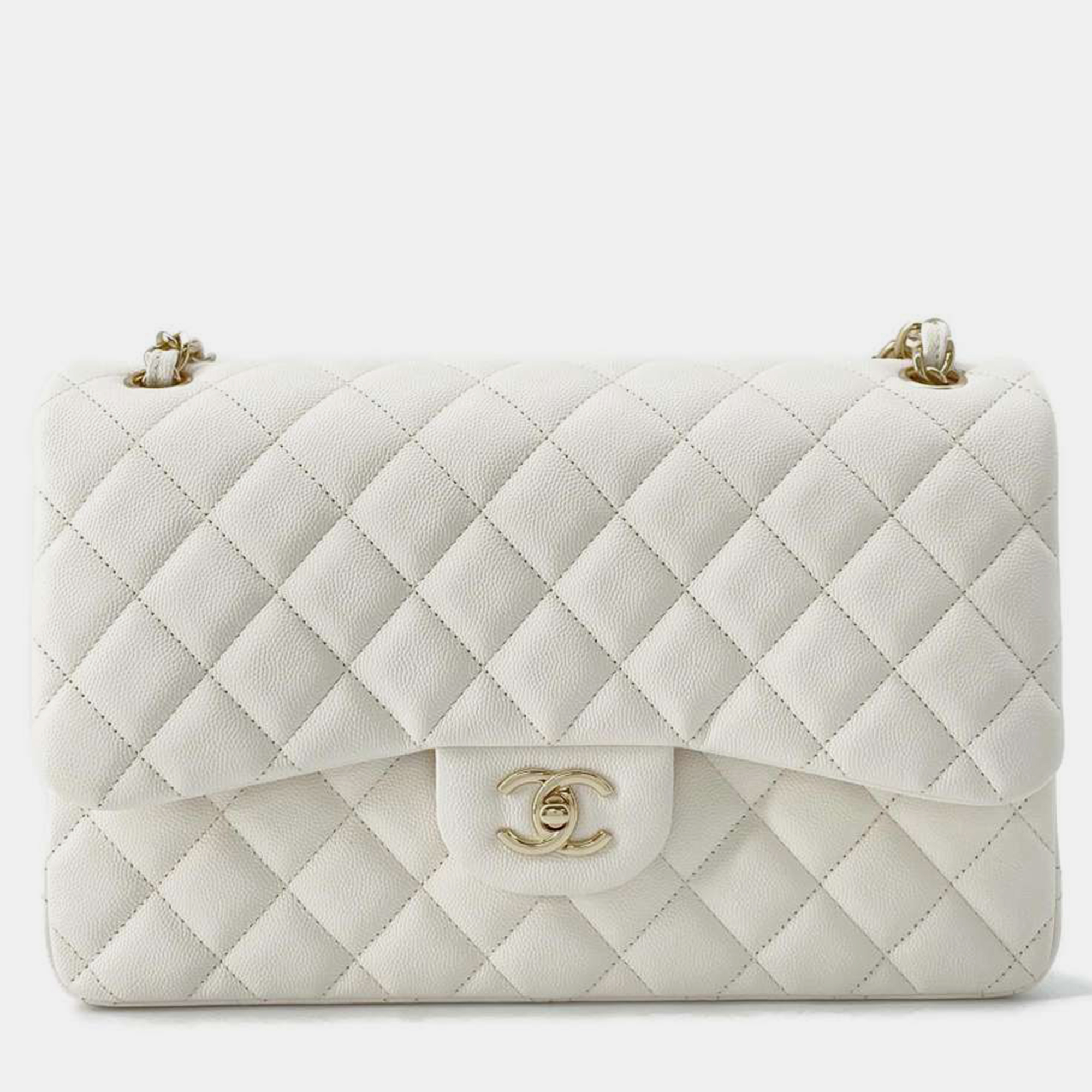 Chanel white leather medium classic double flap bag