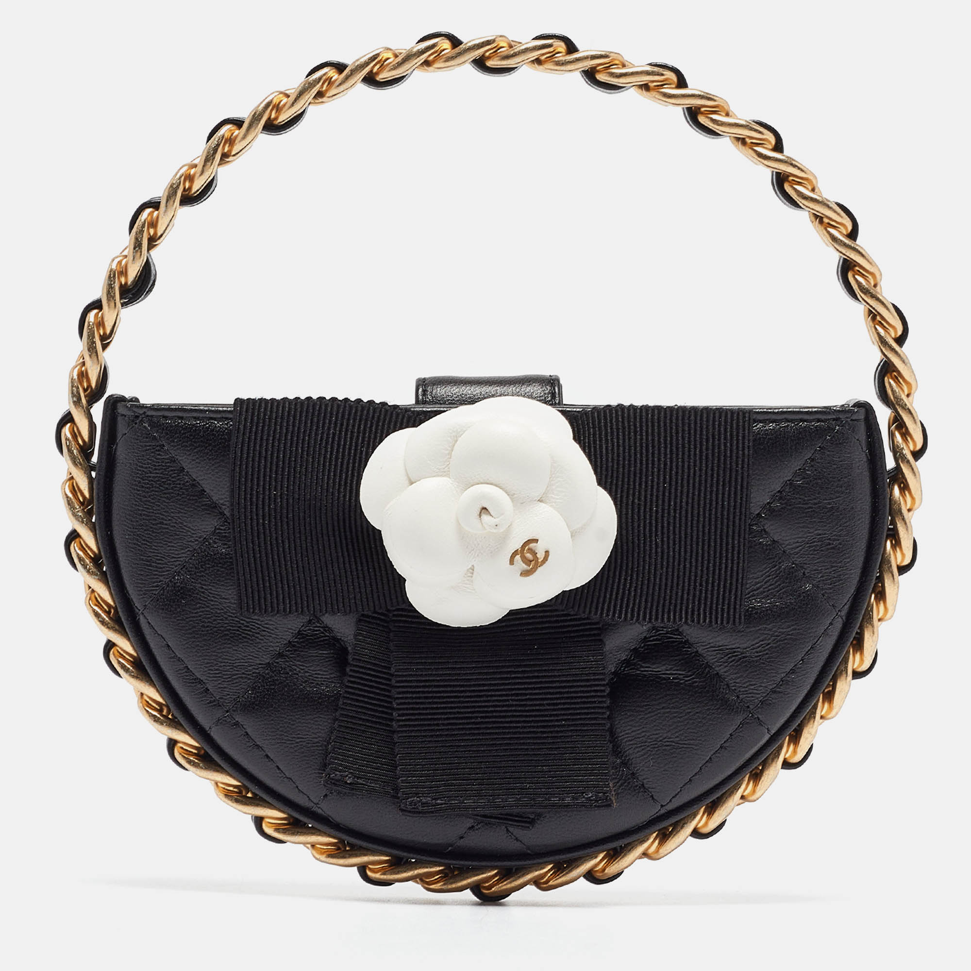 Chanel black quilted leather mini round camellia clutch