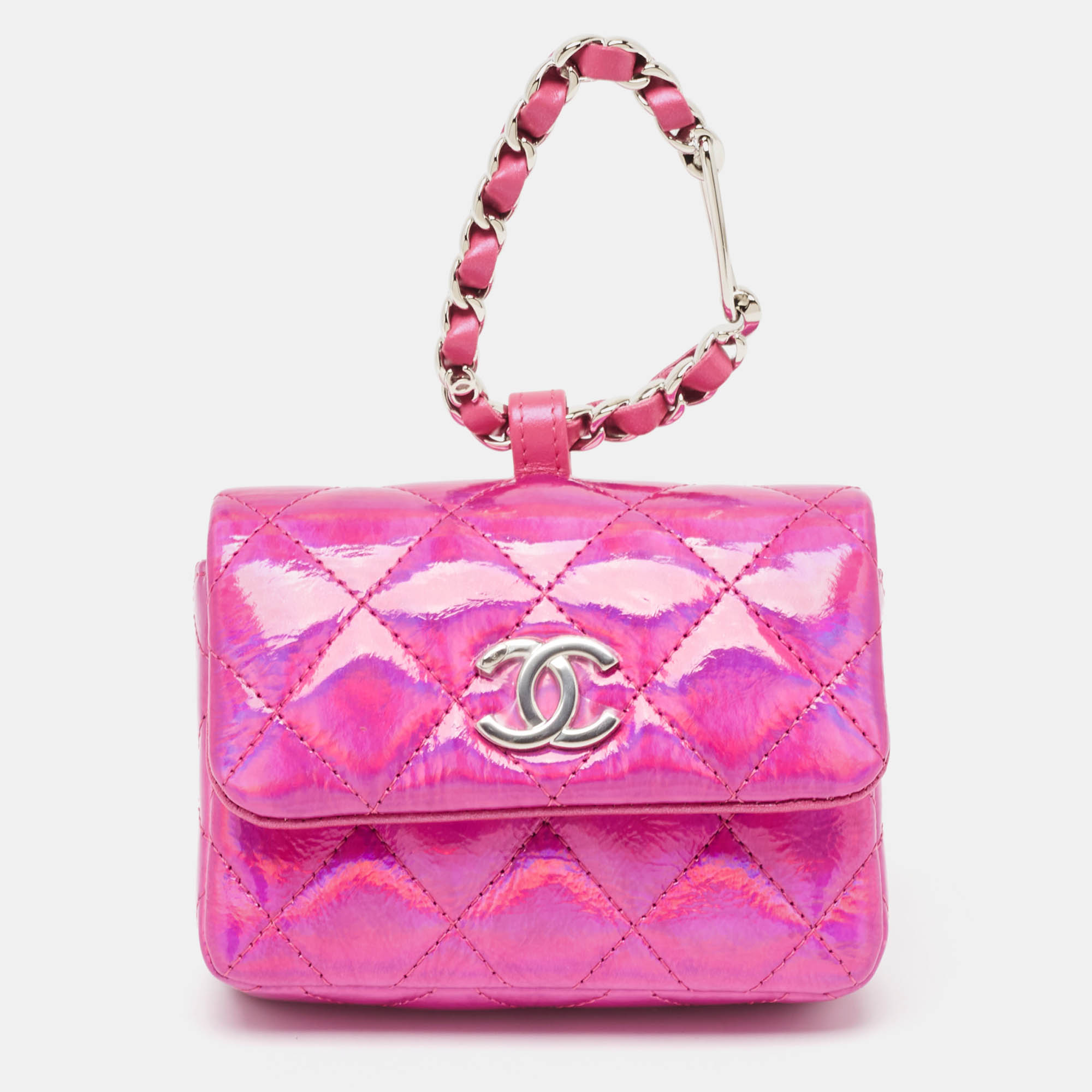 Chanel pink iridescent quilted patent leather cc hook card holder