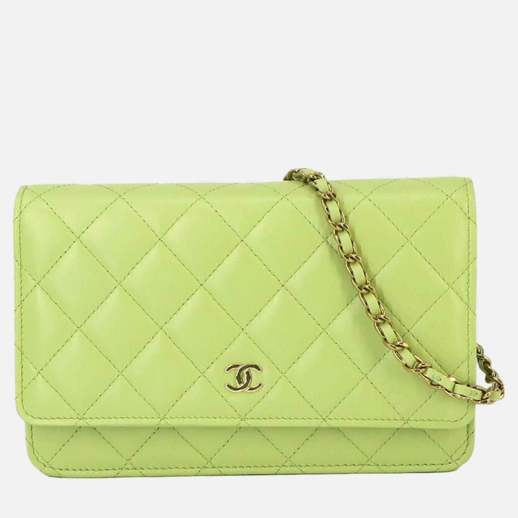 Chanel light green leather classic wallet on chain
