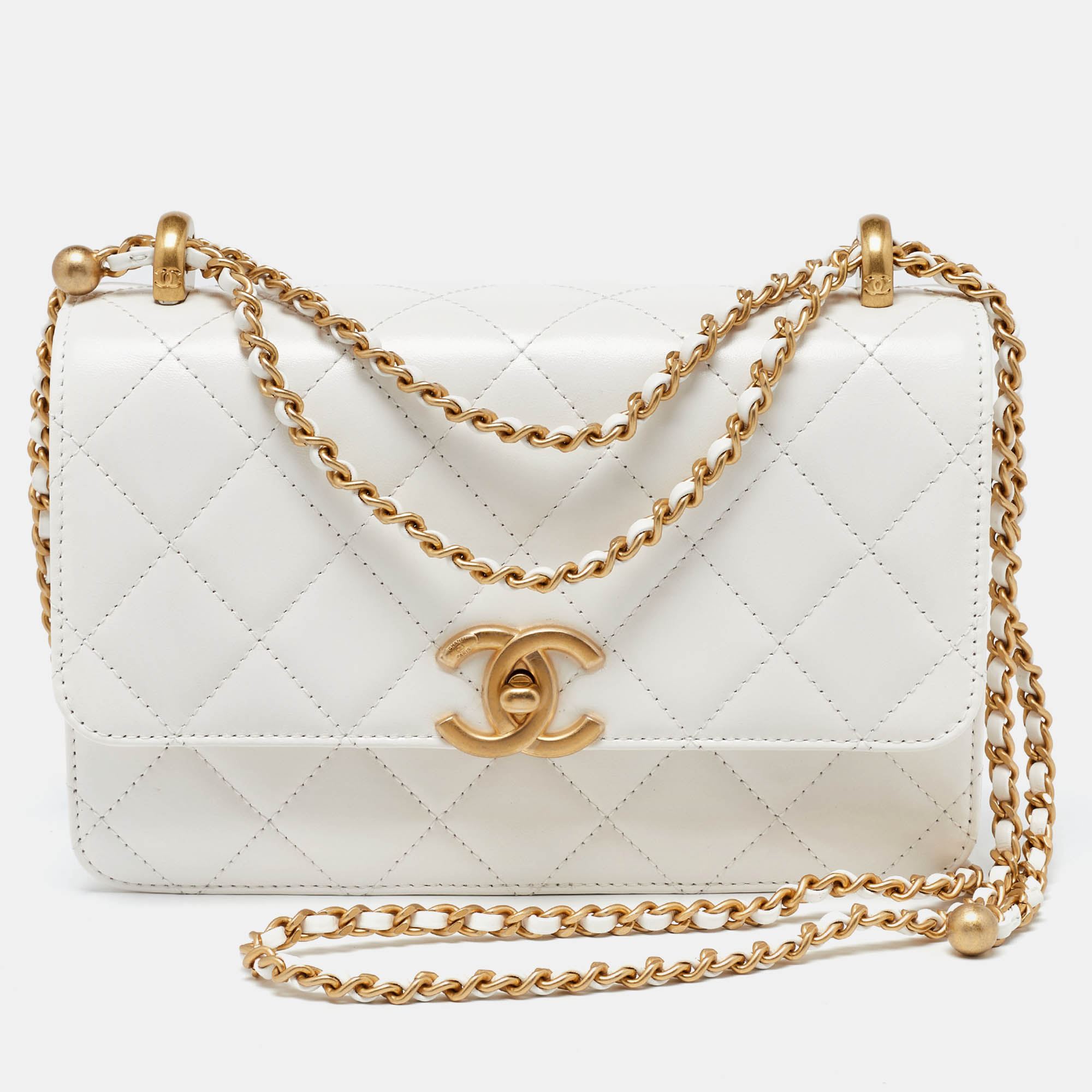 Chanel white quilted leather small flap shoulder bag