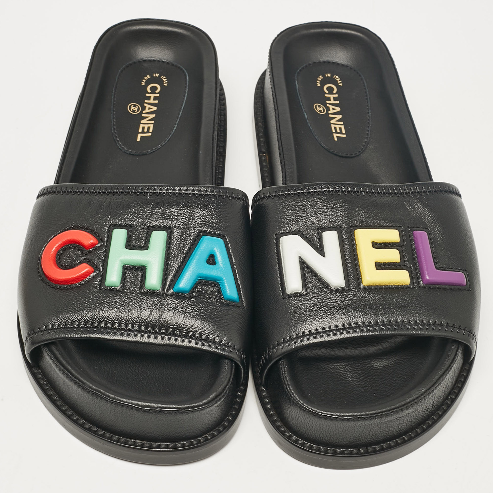 Chanel Black Leather Logo Slides Size 36