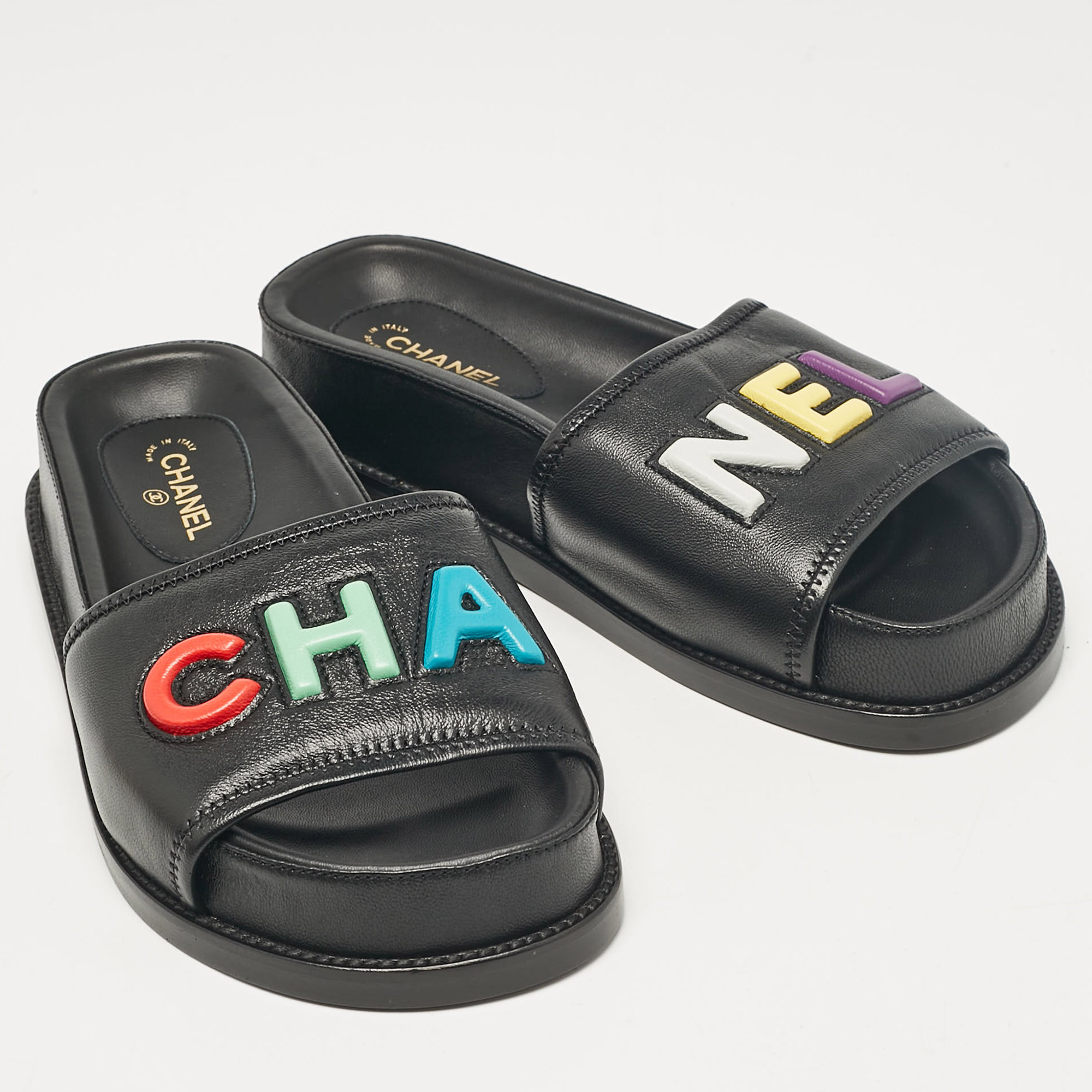 Chanel Black Leather Logo Slides Size 36